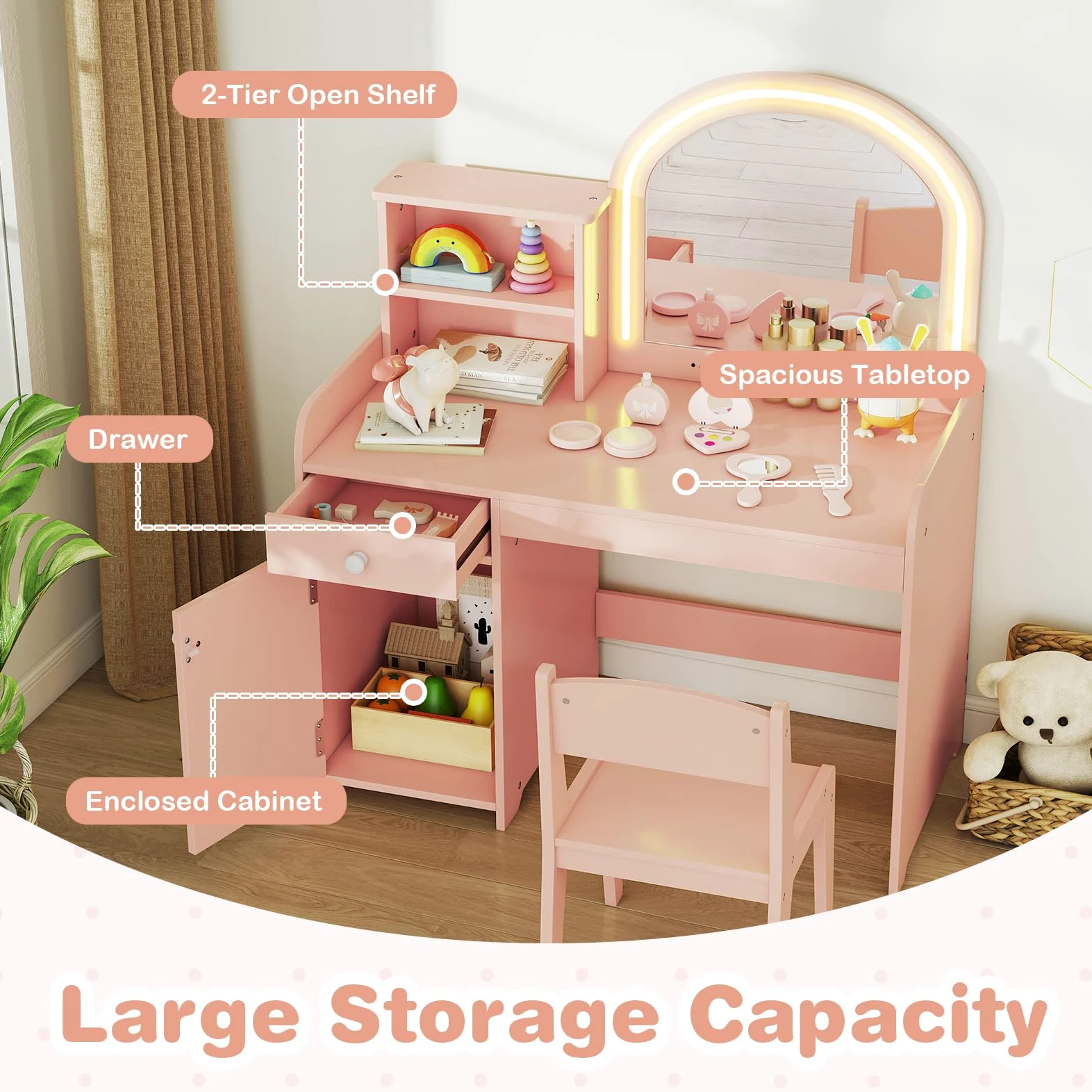 LIFEZEAL 2 in 1 Tavolo da trucco per bambini con sedia, tavolo da trucco ragazza con specchio LED e armadietto, tavolo da toeletta in legno con cassetto e scaffale, 3+ anni, carico di 50 kg (rosa