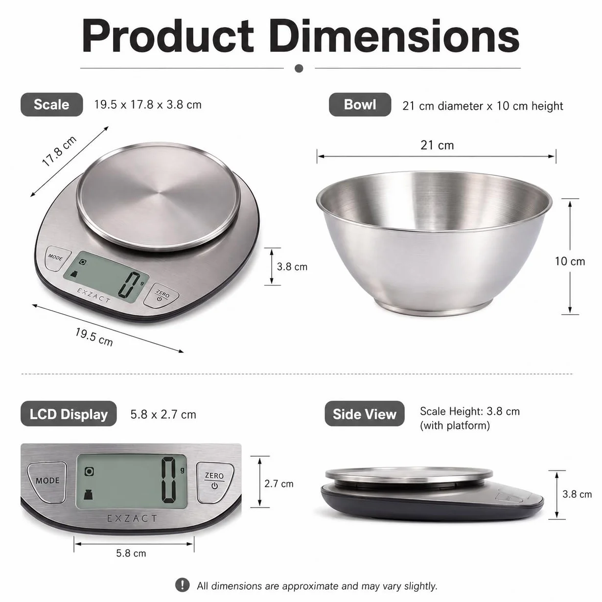 Exzact Bilancia da cucina digitale in acciaio inossidabile - Bilancia con Ciotola Rimovibile - Funzione Tara - Max Capacità 5 kgs - Bilancia da Cucina Elettronica
