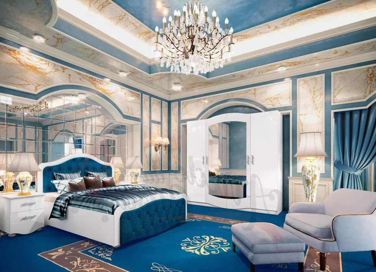 Stanza da Letto Blu e Bianco Lucido Camera Matrimoniale Completa Comprensiva di Letto Imbottito alla Base e sulla Testiera Due Comodini Ed Un Armadio a 4 Ante CDLI3