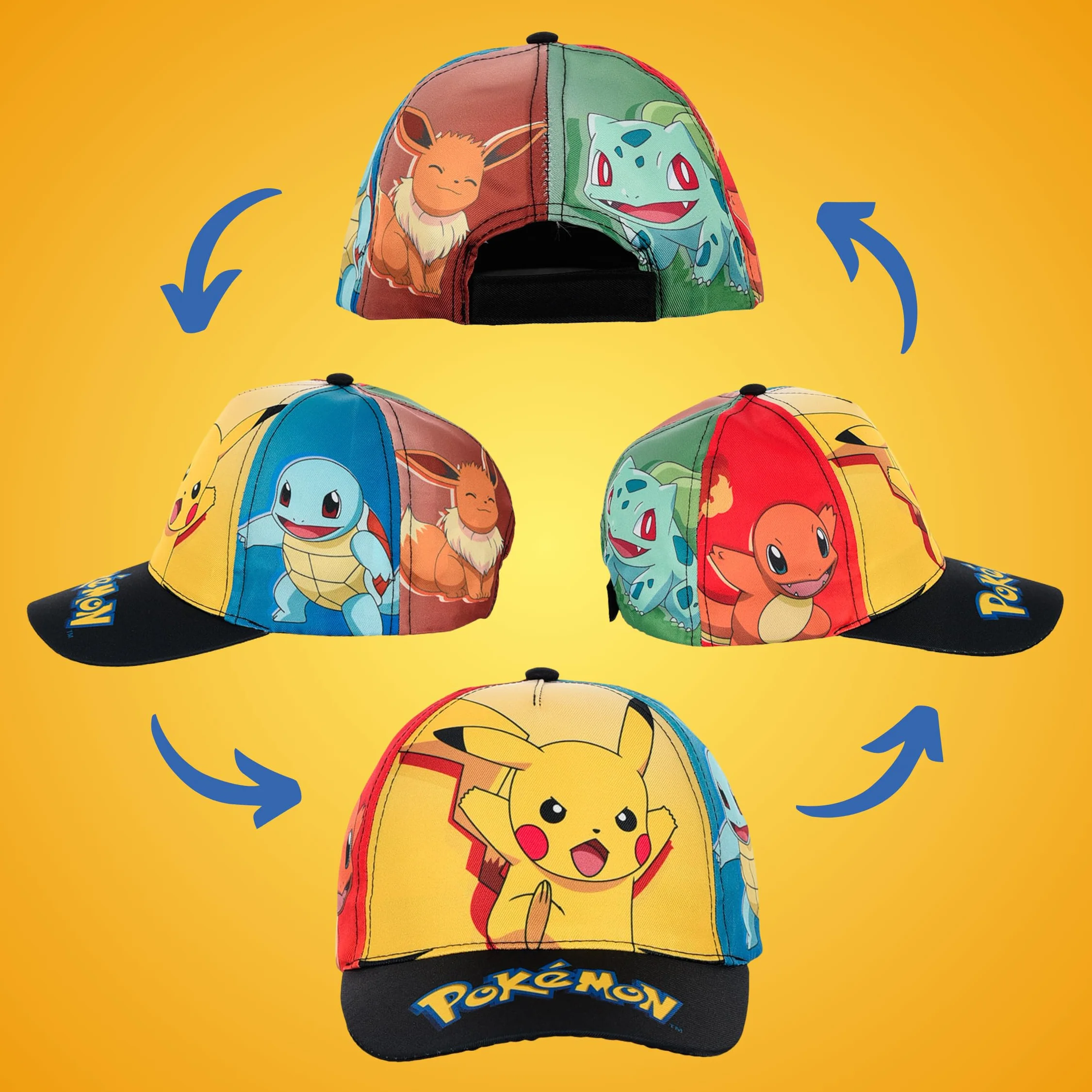 Pokémon Cappello Baseball per Ragazzi, Pikachu Bulbasaur Squirtle Charmander Eevee Berretto Estivo Design Classico per Bambini