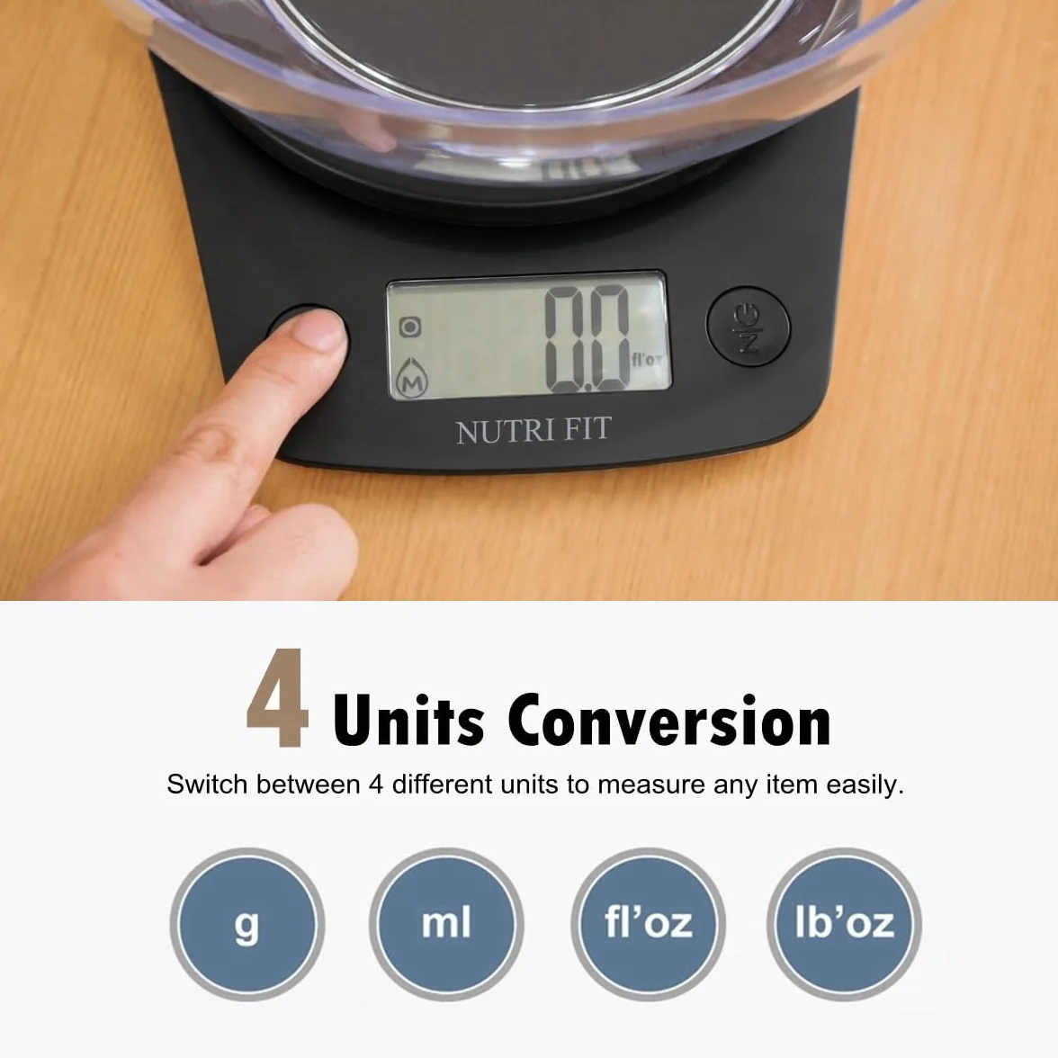NUTRI FIT Bilancia digitale per alimenti con ciotola da 2L, bilancia da cucina digitale per cucinare once e grammi, 4 unità con precisione 0,1 oz/1 g, ampio display LCD-Nero
