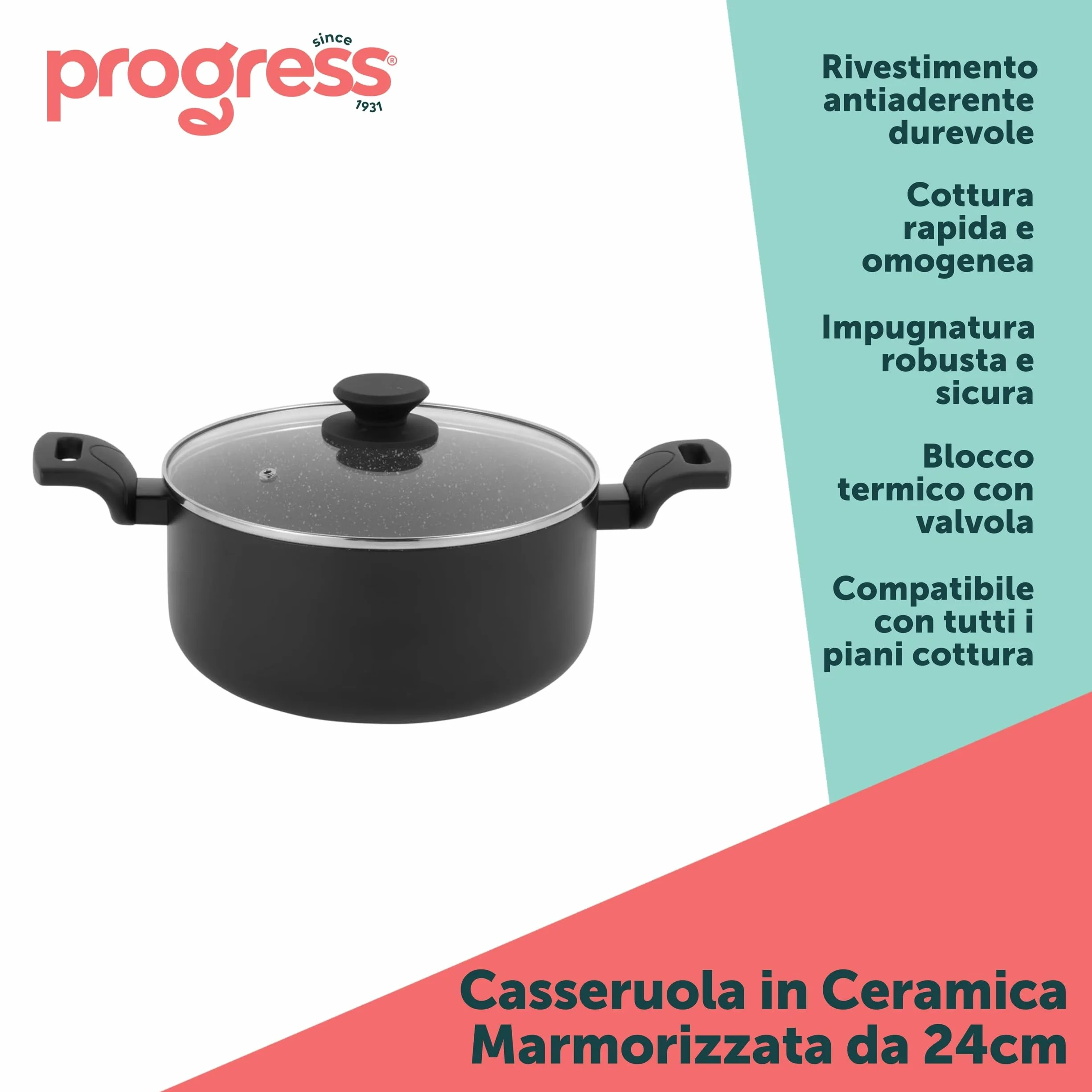 Progress Marble Ceramic Casseruola - 24cm Rotonda Cocotte Pentola Con Coperchio, Antiaderente, per Adatto a Piani di Cottura, alluminio Pentola multifunzionale con impugnature doppie
