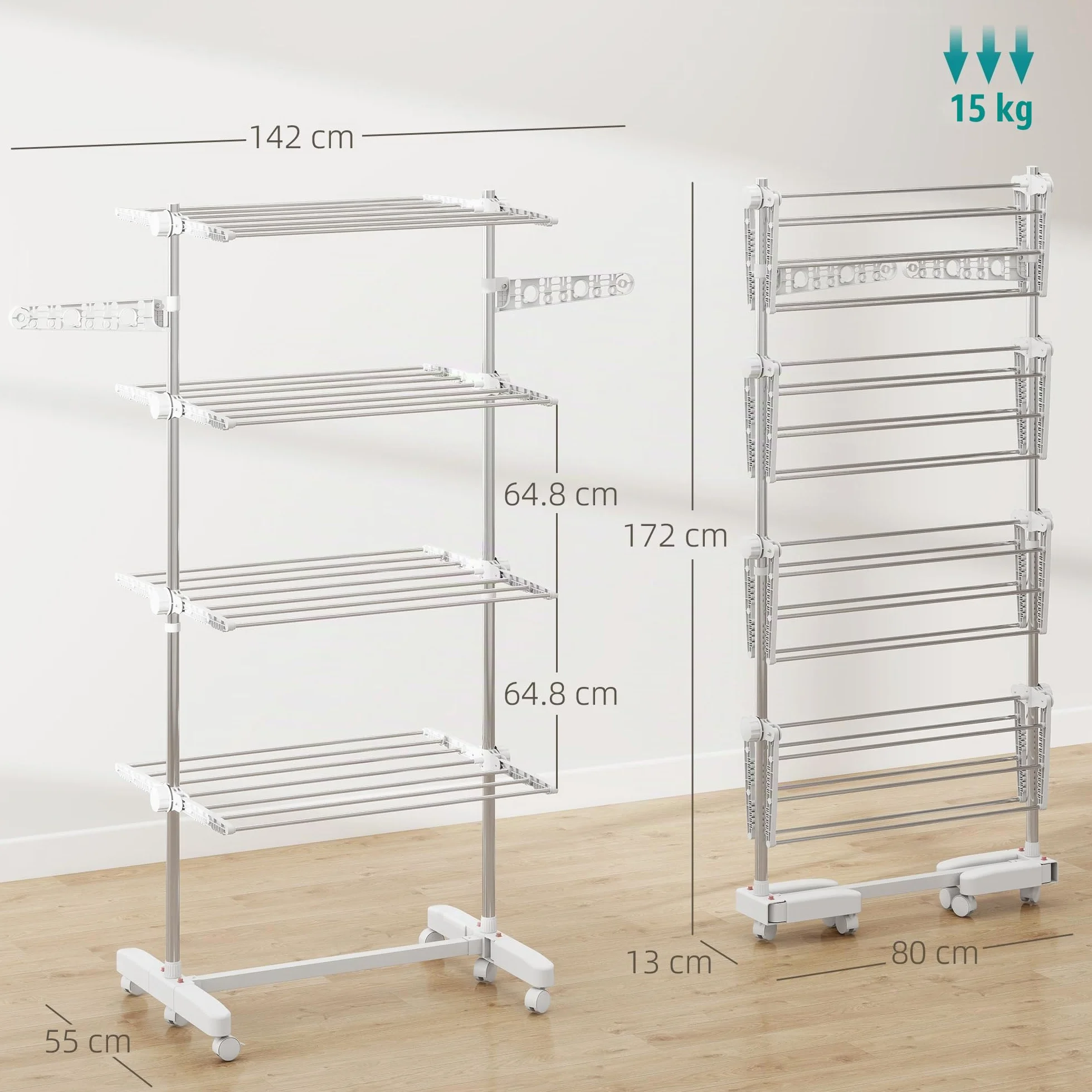 HOMCOM Stendibiancheria Verticale a Torre 4 Livelli, Stendino Pieghevole Salvaspazio in Acciaio Inox con 6 Ruote, 142x55x172cm, Bianco