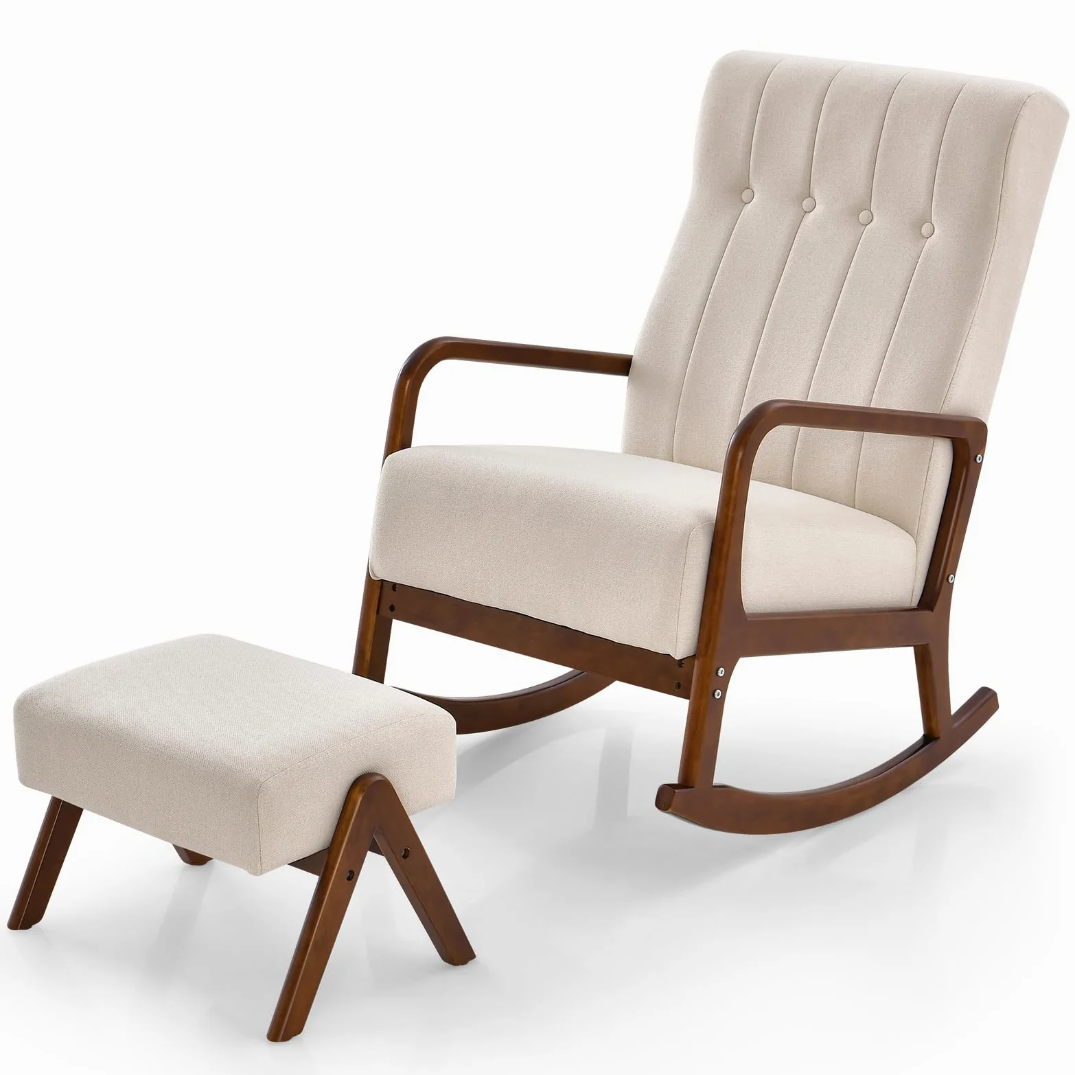 HOMASIS Sedia a Dondolo con Poggiapiedi, Set da Poltrona a Dondolo con Braccioli e Struttura in Legno Massello, Sedia Allattamento per Camera da Letto, Salotto, Fino a 150 kg, 97x65x104cm (Beige)
