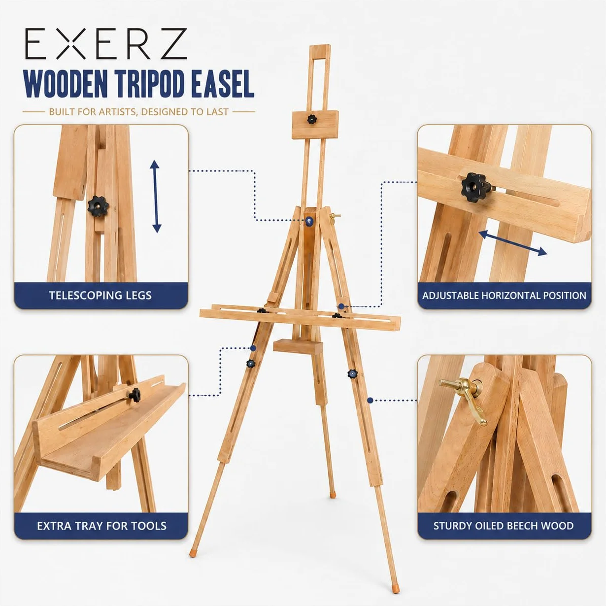 Cavalletto treppiede portatile in legno di faggio 191cm Exerz