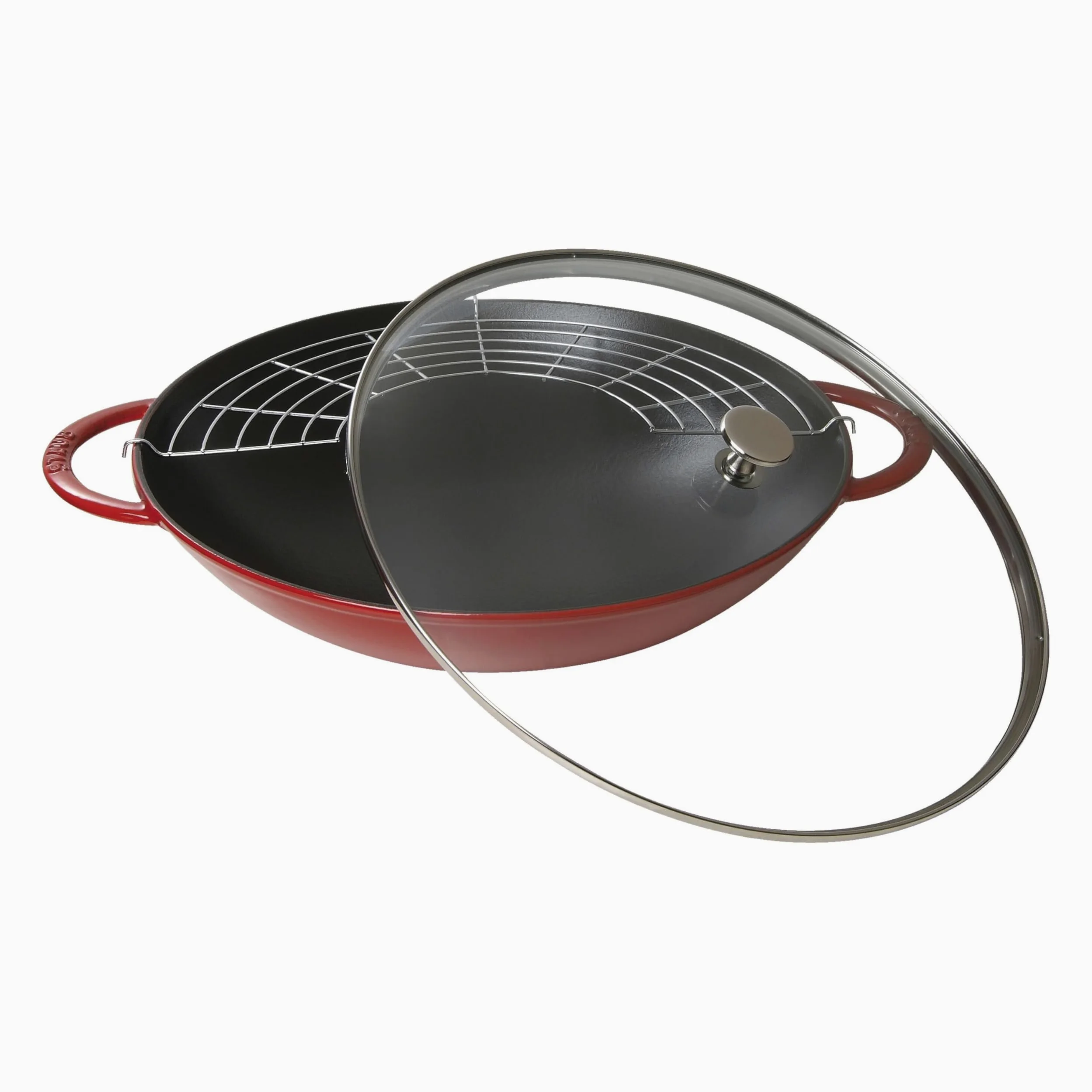 STAUB Wok in Ghisa, Include Coperchio in Vetro e Griglia Rimovibile, Adatto per Induzione, Ø 37 cm, 5,7 L, Ciliegia