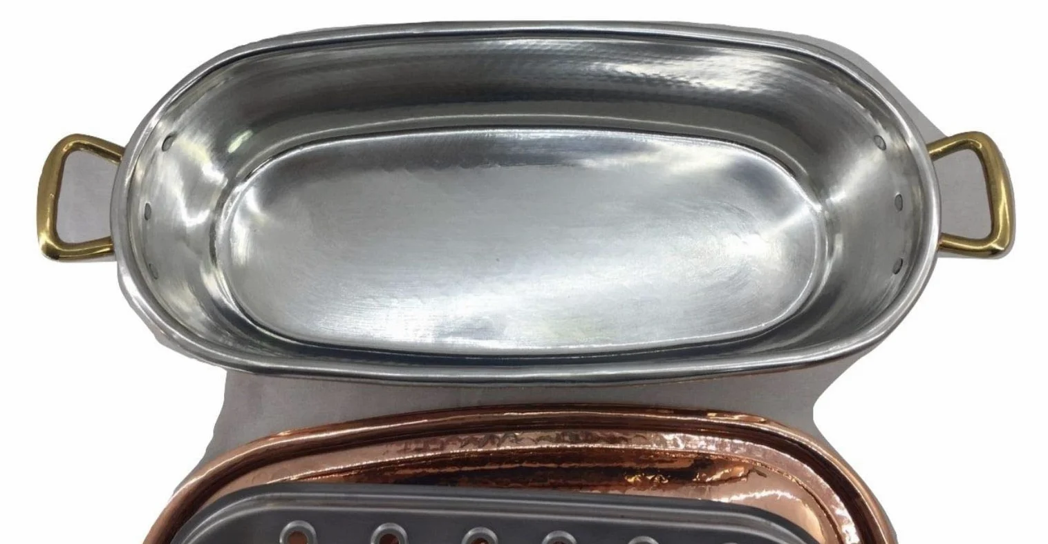 Pesciera in rame stagnato con coperchio da cucina griglia cestello vapore pentola pesce 44x20x13 cm