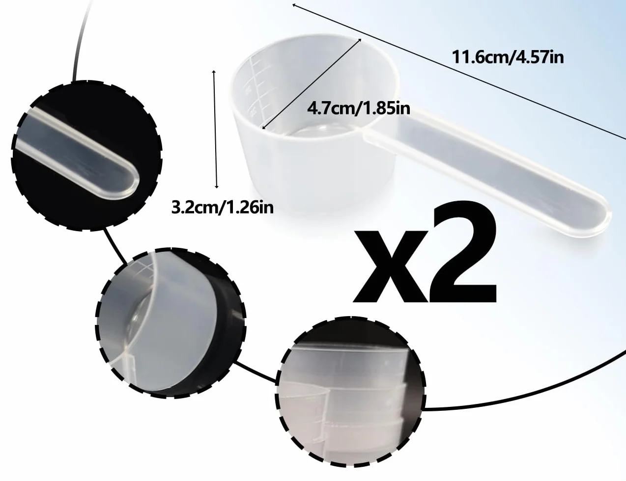 Set di 2 cucchiai dosatori,cucchiai dosatori trasparenti con scala,può contenere 20 g di polvere solida o 40 ml di liquidi,cucchiaio dosatore per proteine ​​in polvere,caffè,detersivo,cucina