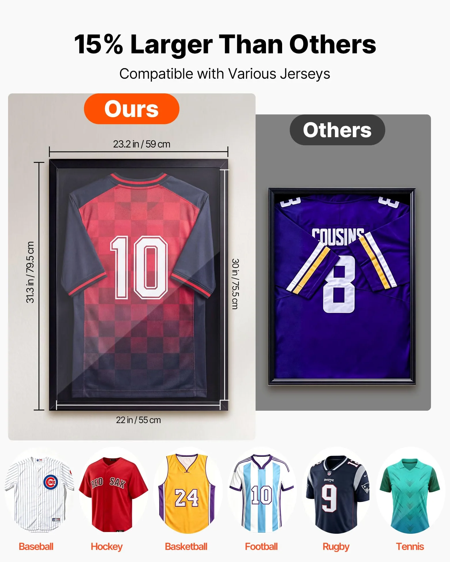VEVOR Cornice per Maglia da Calcio, Cornice 2 pz per Maglie Sportive in Legno Pannello in PC Trasparente Protezione UV, Espositore per Maglie da Baseball Basket Calcio, 590 x 795 mm Collezionismo