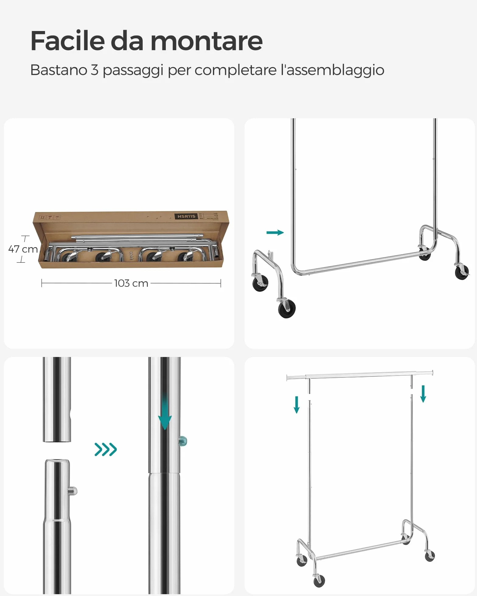 SONGMICS Stand Appendiabiti con Rotelle, Portabiti Carico Pesante, Barra Estensibile, Portata 130 kg, 45 x (110-150) x 162,9 cm, Metallo Cromato, Argento HSR11S