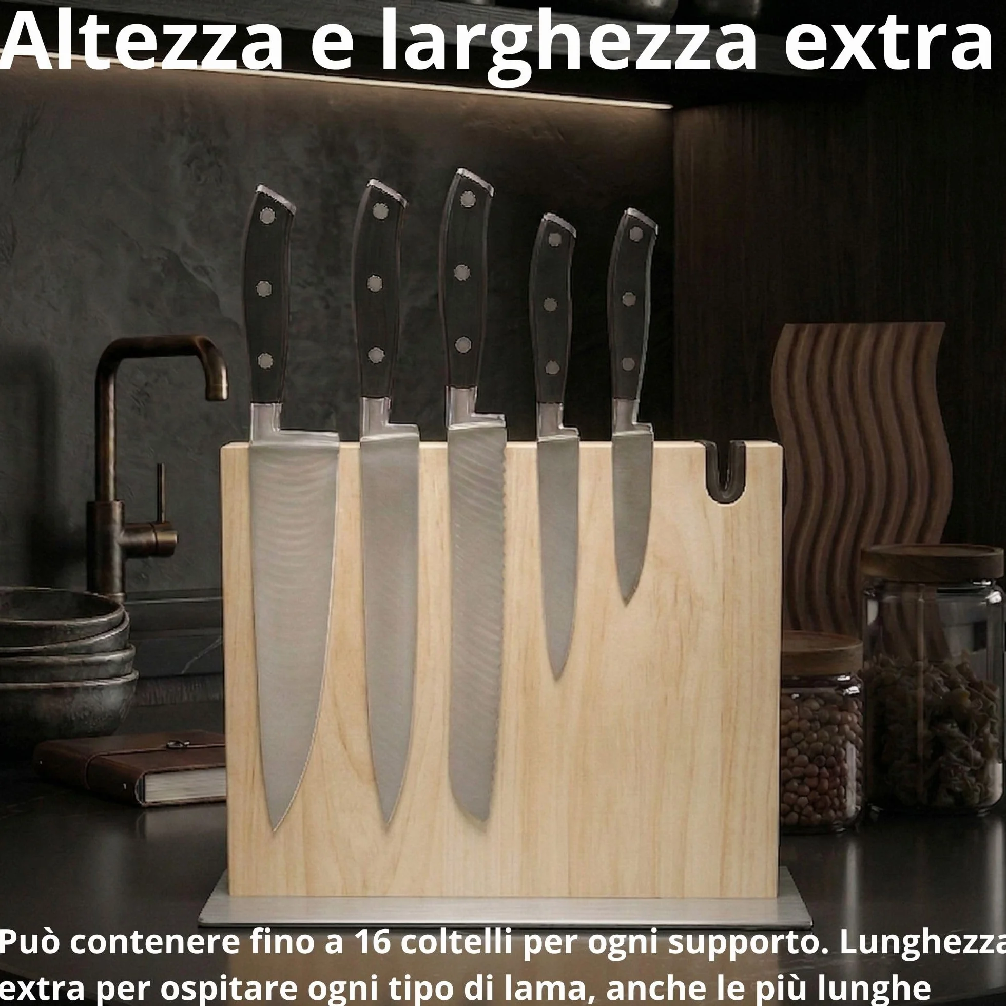 Magnetico Ceppo Coltelli da Cucina XL con Affilacoltelli Integrato, Legno Massiccio