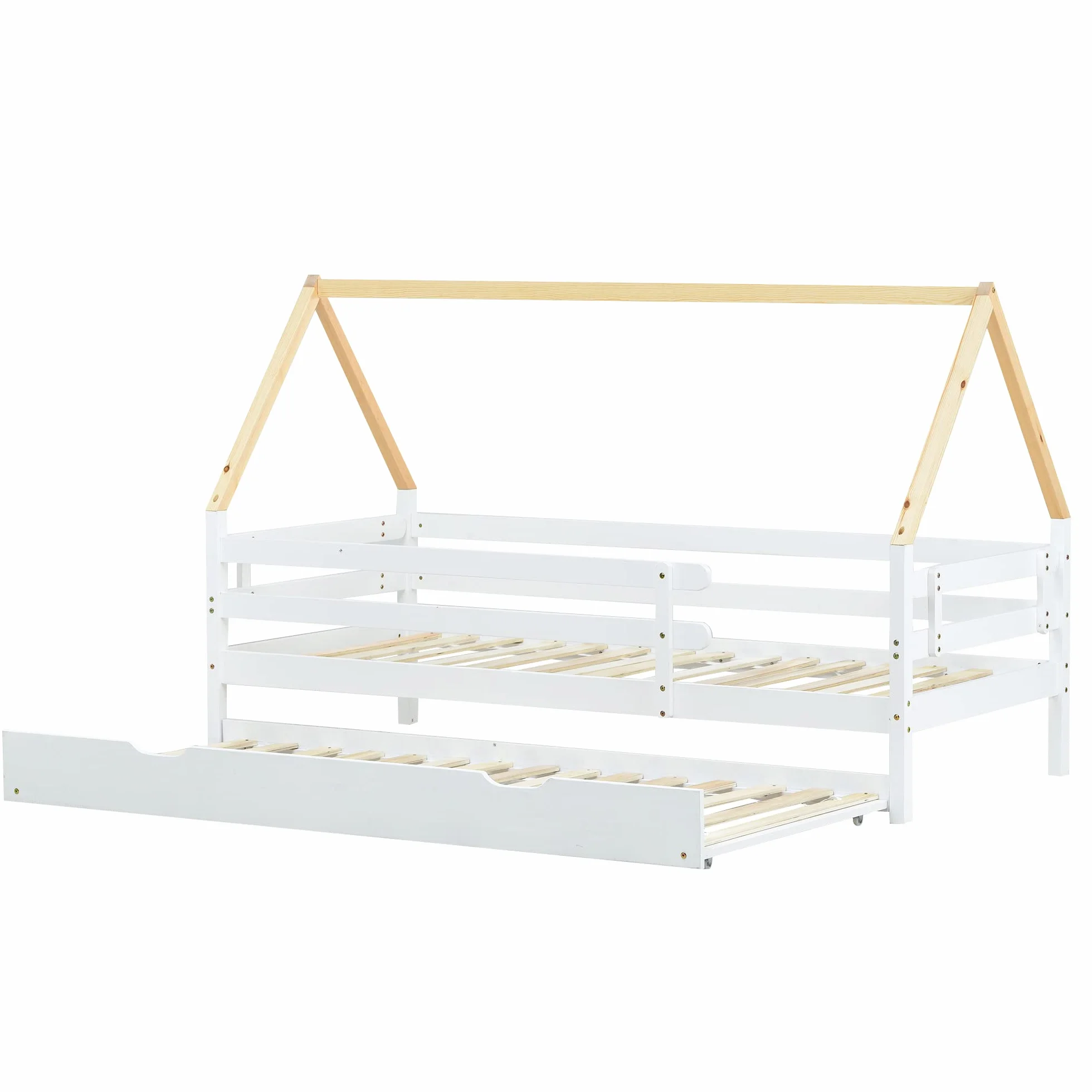 Letto per casa sull'albero, letto singolo, letto per bambini, letto estraibile con ruote inferiori, in legno massello, letto bianco, sedia sottotetto colore naturale (90 x 200 + 90 x 190 cm)