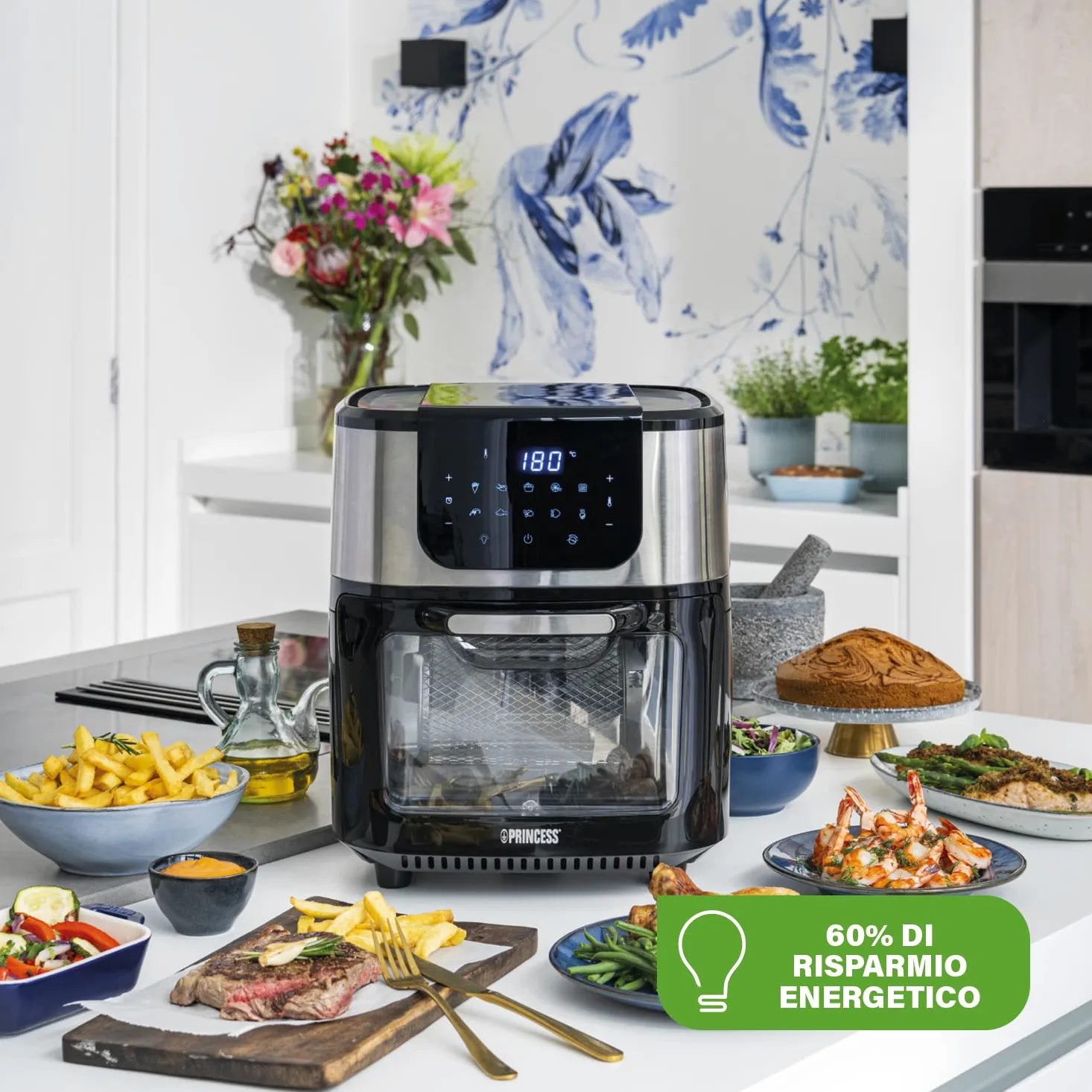Princess Friggitrice ad Aria Forno Deluxe – 11 L – 1800 W – Schermo tattile digitale – 10 programmi preimpostati – Girapollo e cestello inclusi – Acciaio inossidabile – 182075