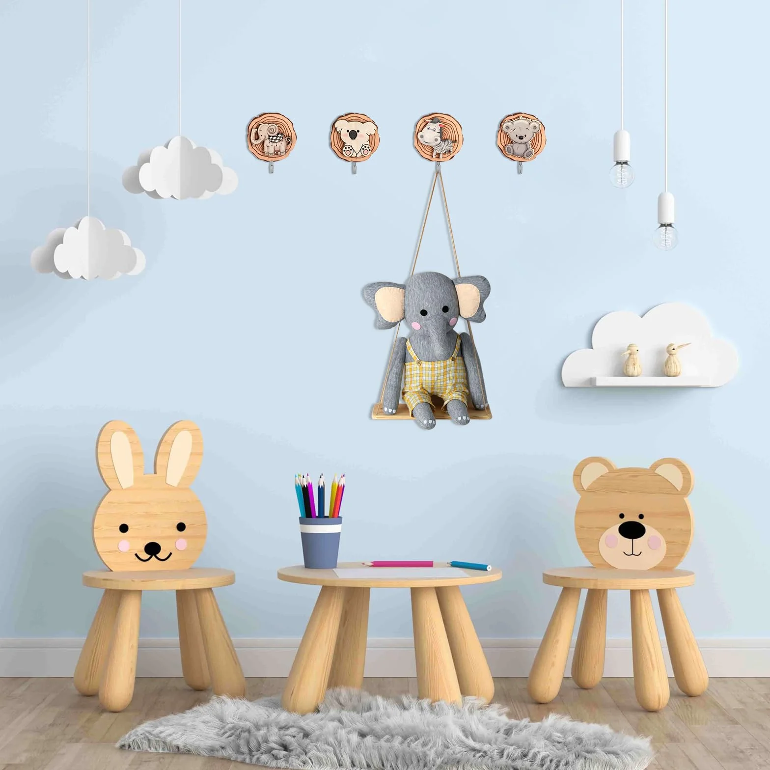 Ganci Autoadesivi per Bambini a Forma di Animale, 8 Pezzi, Ganci in Legno per Asciugamani e Cappelli
