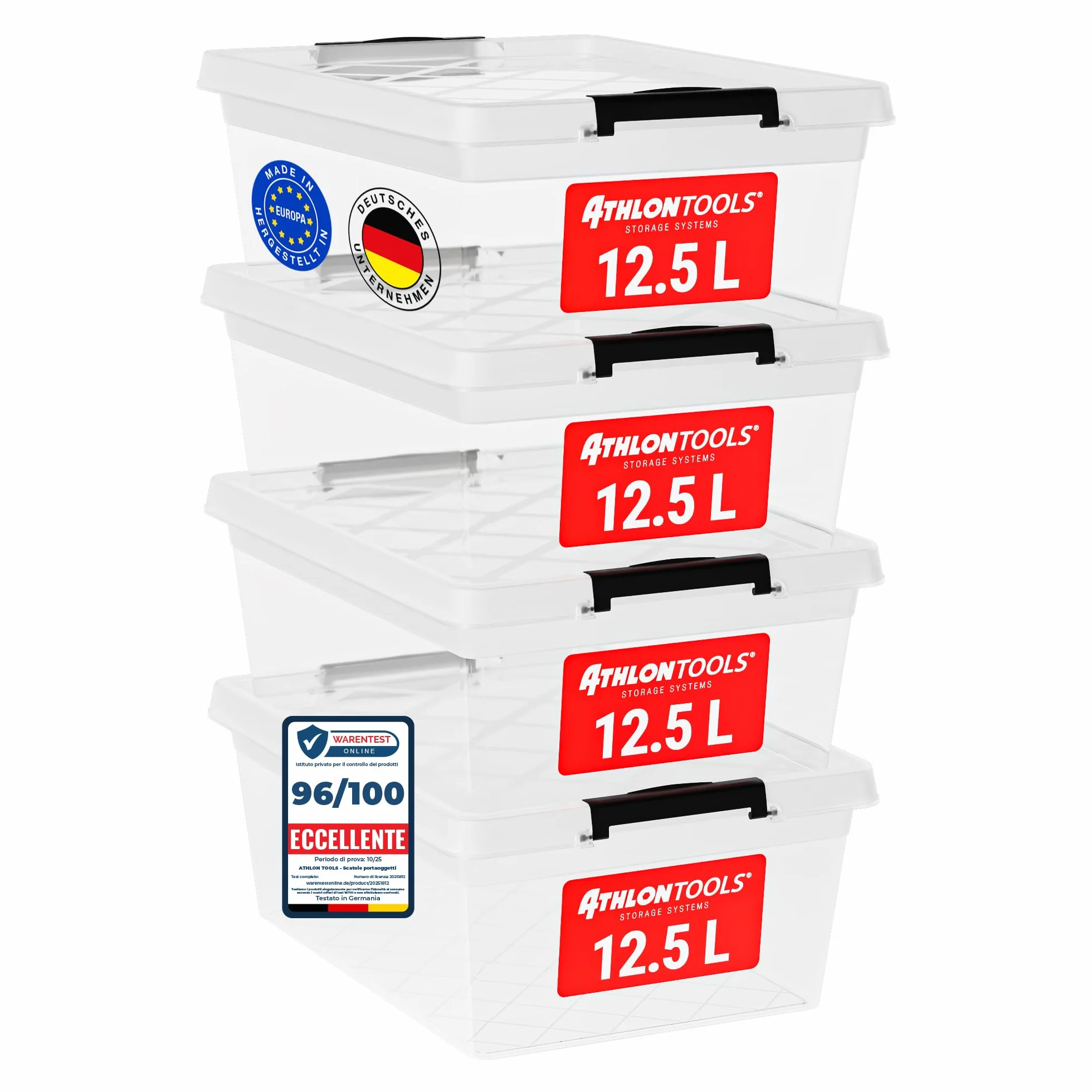 ATHLON TOOLS 4x 12,5L Scatole Plastica Trasparente con Coperchio Contenitori Impilabili per Alimenti