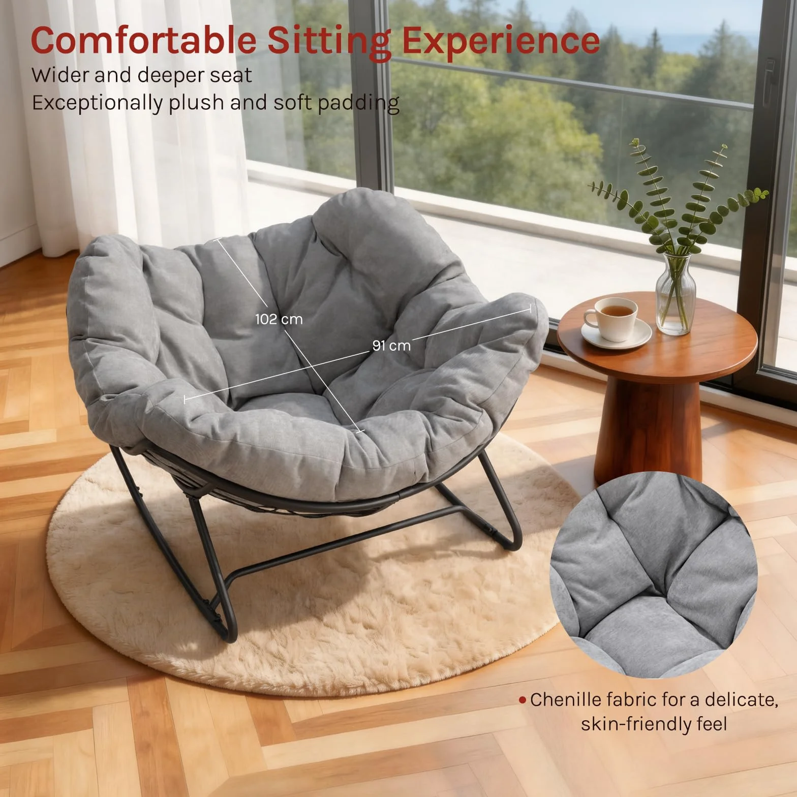 WOLTU Sedia a Dondolo a Forma di Uovo, Poltrona Relax con Gambe Curve, Struttura in Metallo e Cuscino in Ciniglia, Portata 150 kg, per Salotto e Balcone, Grigio Chiaro
