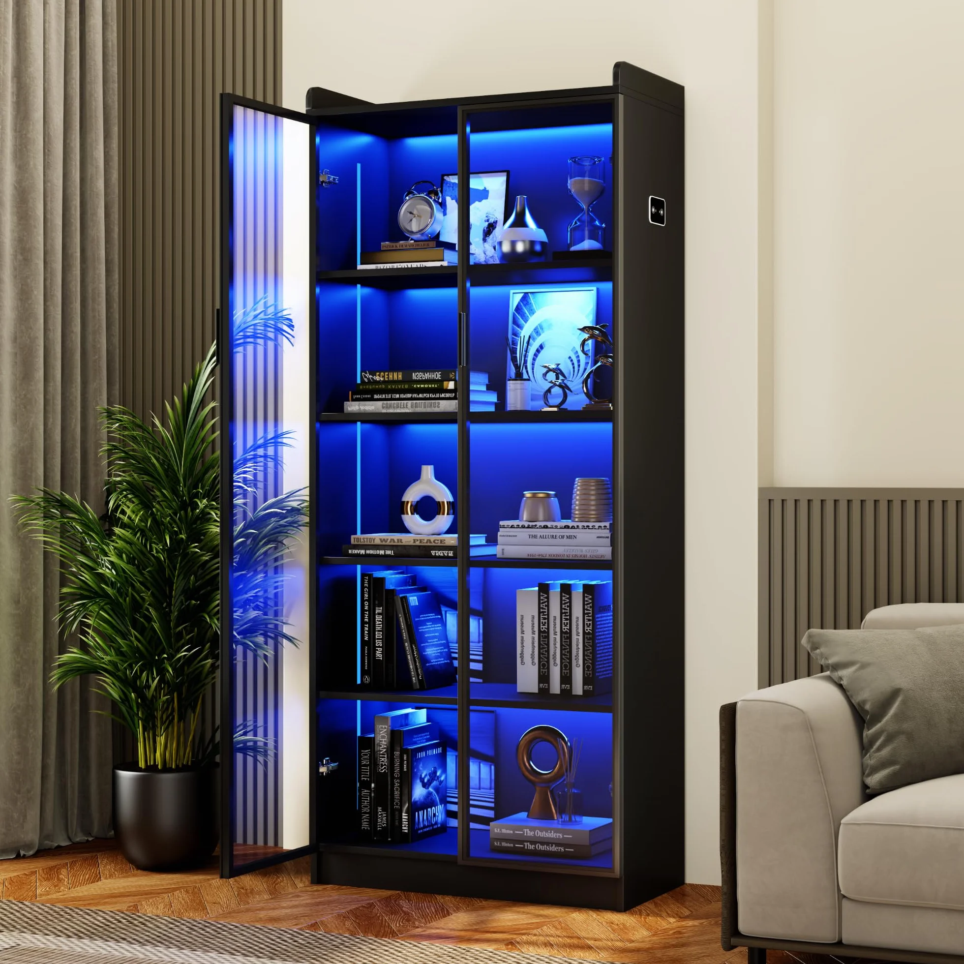 FREDEES Vetrina con illuminazione LED - Vetrina da collezione a 5 livelli con sensore intelligente - Vetrina a piantana in acrilico con ripiani regolabili - Per soggiorno, ufficio - Nero