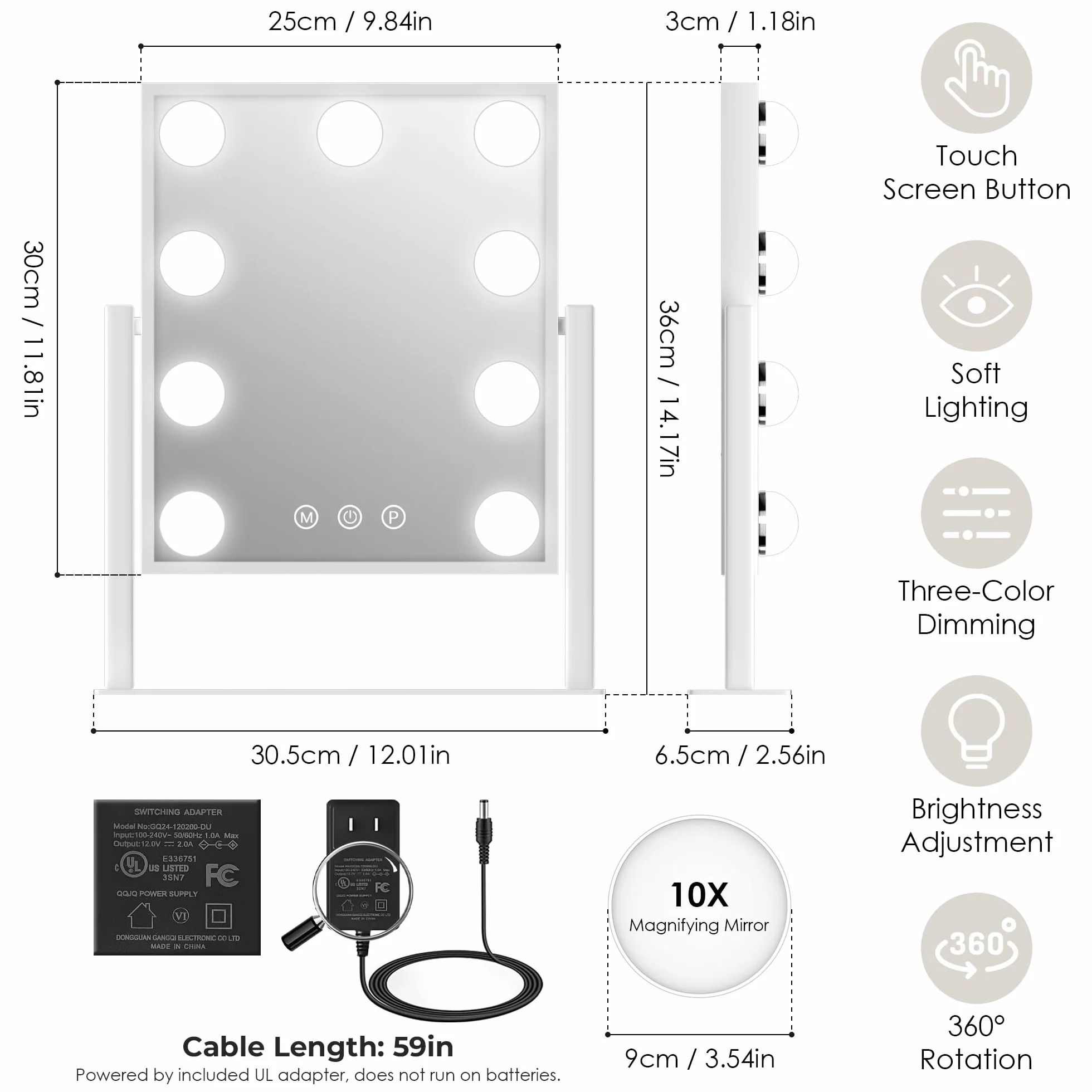 LuxeVue Hollywood Specchio da trucco con luci, specchio illuminato con luce a 3 colori e 9 lampadine a LED dimmerabili, schermo touch intelligente e rotazione di 360 gradi