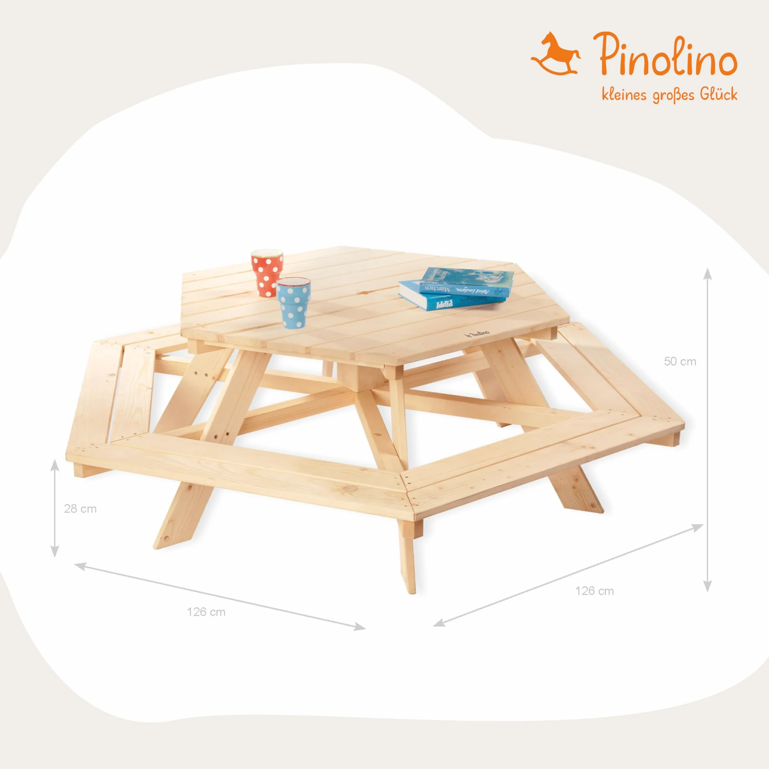 Pinolino Nicki Seggiolino Esagonale Legno massello 6 panche 1 Tavolo Bambini 2 Anni Naturale