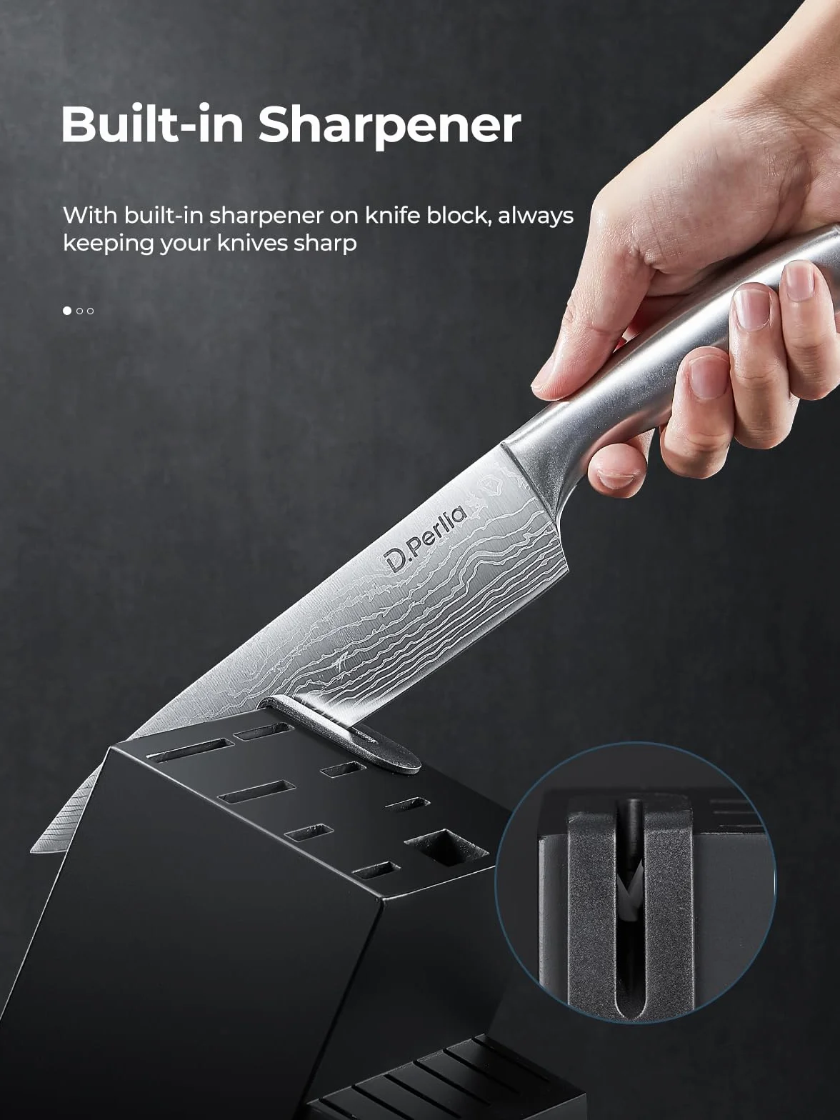 D.Perlla Set Ceppo Coltelli, set coltelli da cucina con ceppo da 15 Pezzi, Set Coltelli da Cucina in Acciaio Inox Ultra Affilati con Ceppo in Legno e Lame in Damasco Laser, Temperino Incorporato