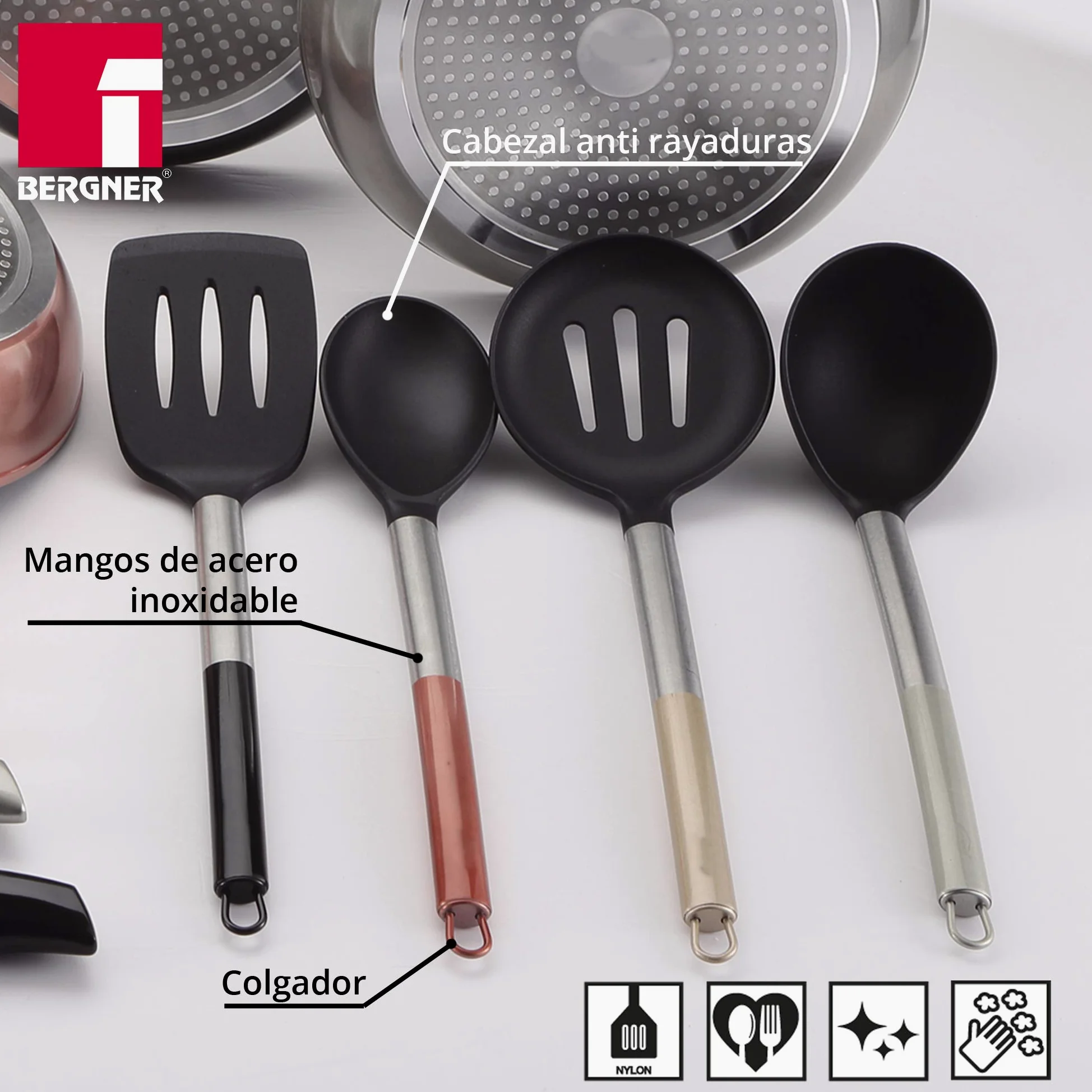 Set di pentole in alluminio pressofuso + set di 4 pezzi di utensili da cucina