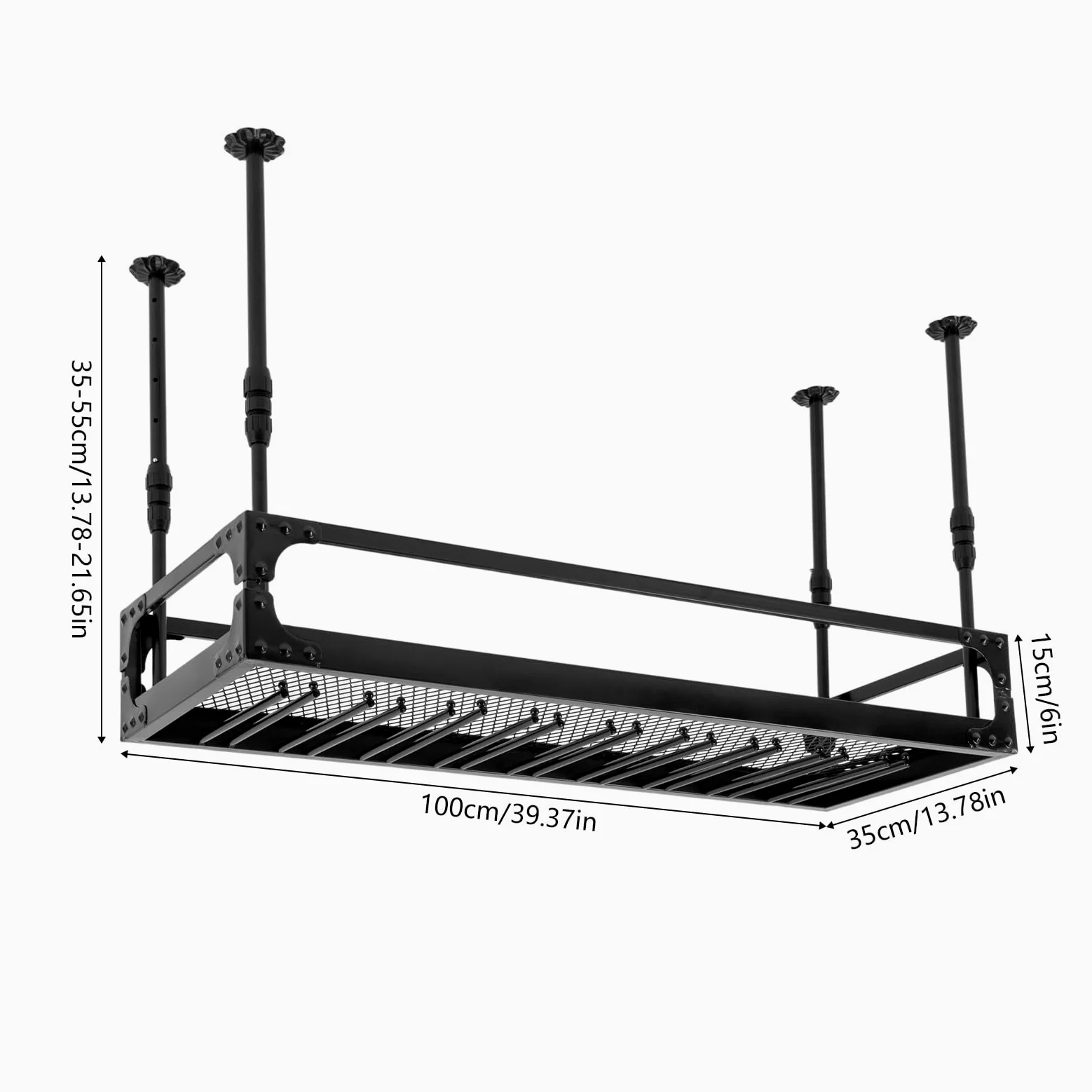Scaffale da soffitto per bicchieri da vino, stile industriale, 100 x 35 cm, altezza regolabile 35 – 55 cm, portata 50 kg, con 9 supporti in vetro e barra di protezione, metallo nero per bar