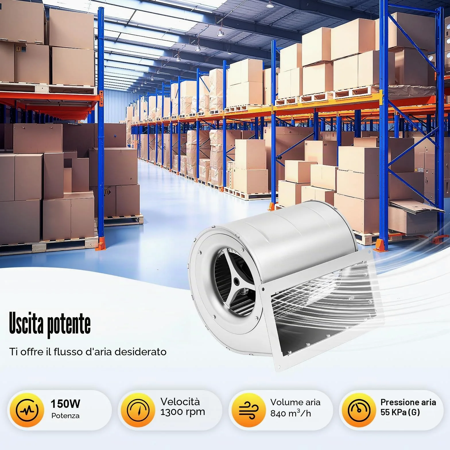 Ventilatore Centrifugo φ146mm 220V, Doppio Ingresso 840m3/h, Ventilatore Radiale 150W, 1300giri/min Aspiratore Industriale per Camino, 60 dB Ventilazione Raffreddamento