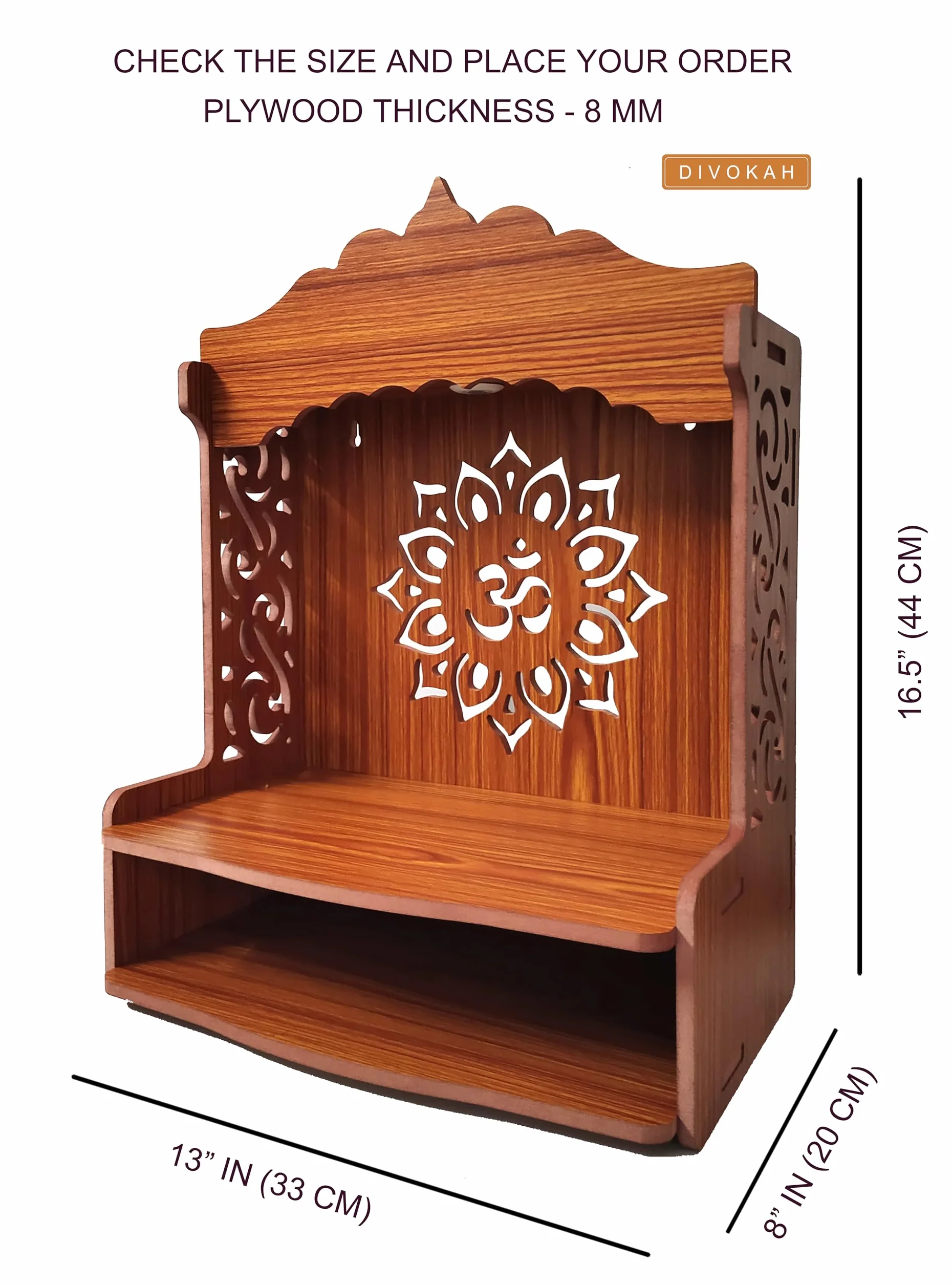 DIVOKAH Bellissimo Pooja Mandir w drewnie do domu i biura z lampką LED 8 mm