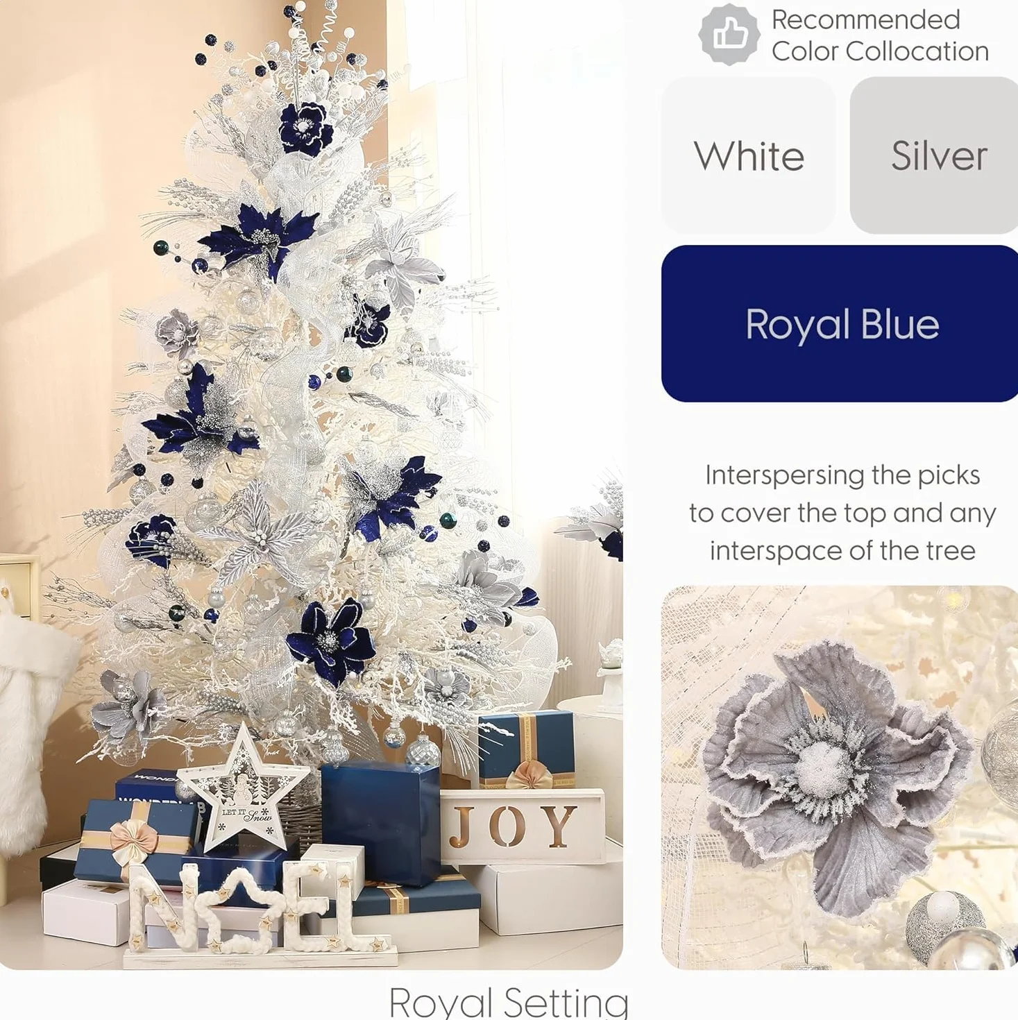 Sea Team Confezione da 12 ornamenti artificiali con fiori di Natale, magnolie in tessuto floccato con glitter, decorazioni floreali per albero di Natale, ghirlanda, 6,3 pollici. Argento