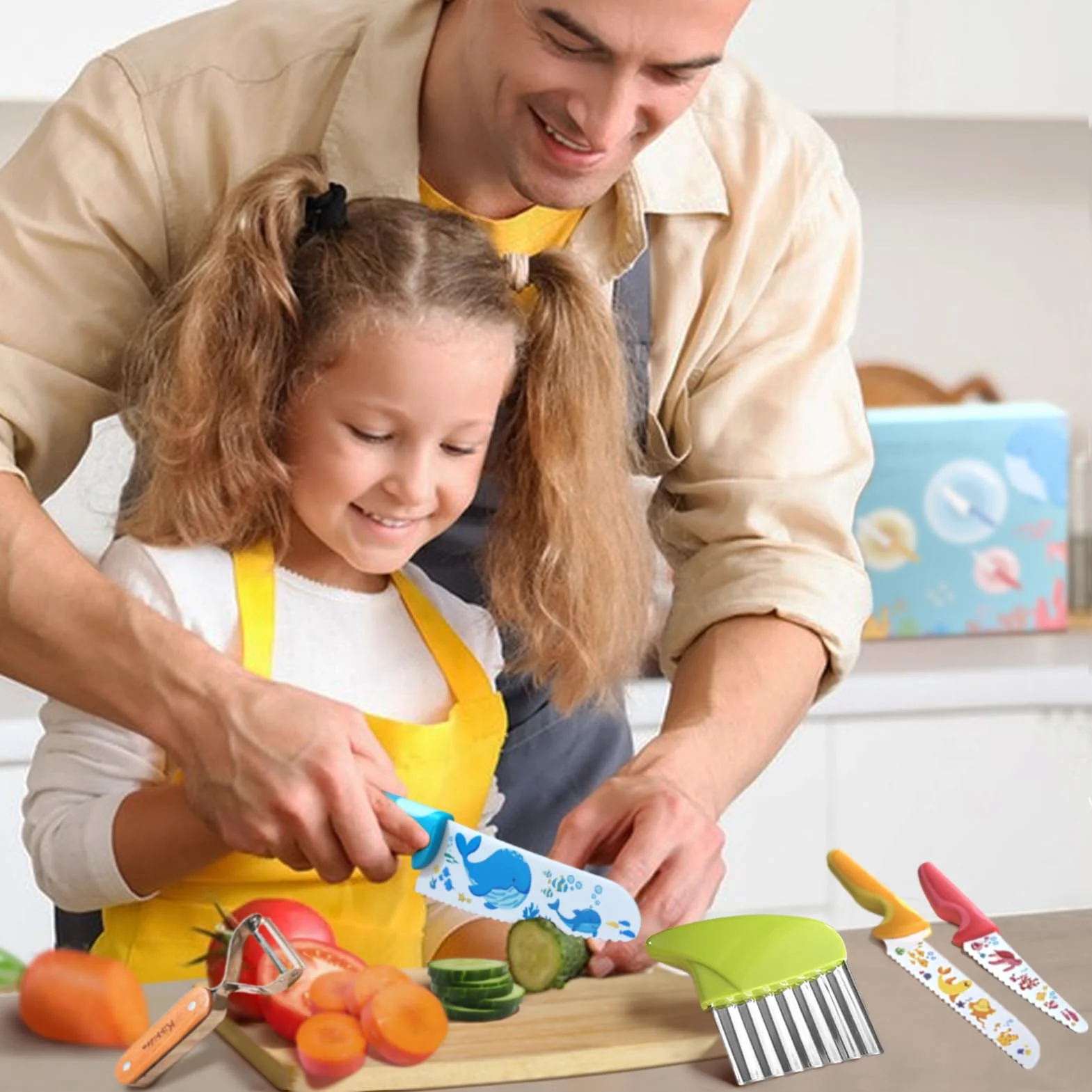 Kibbidea Coltello da cucina per bambini, 12 pezzi, in acciaio inox, per tagliare frutta o verdura, con pelapatate, coltello per bambini dai 3 anni in su