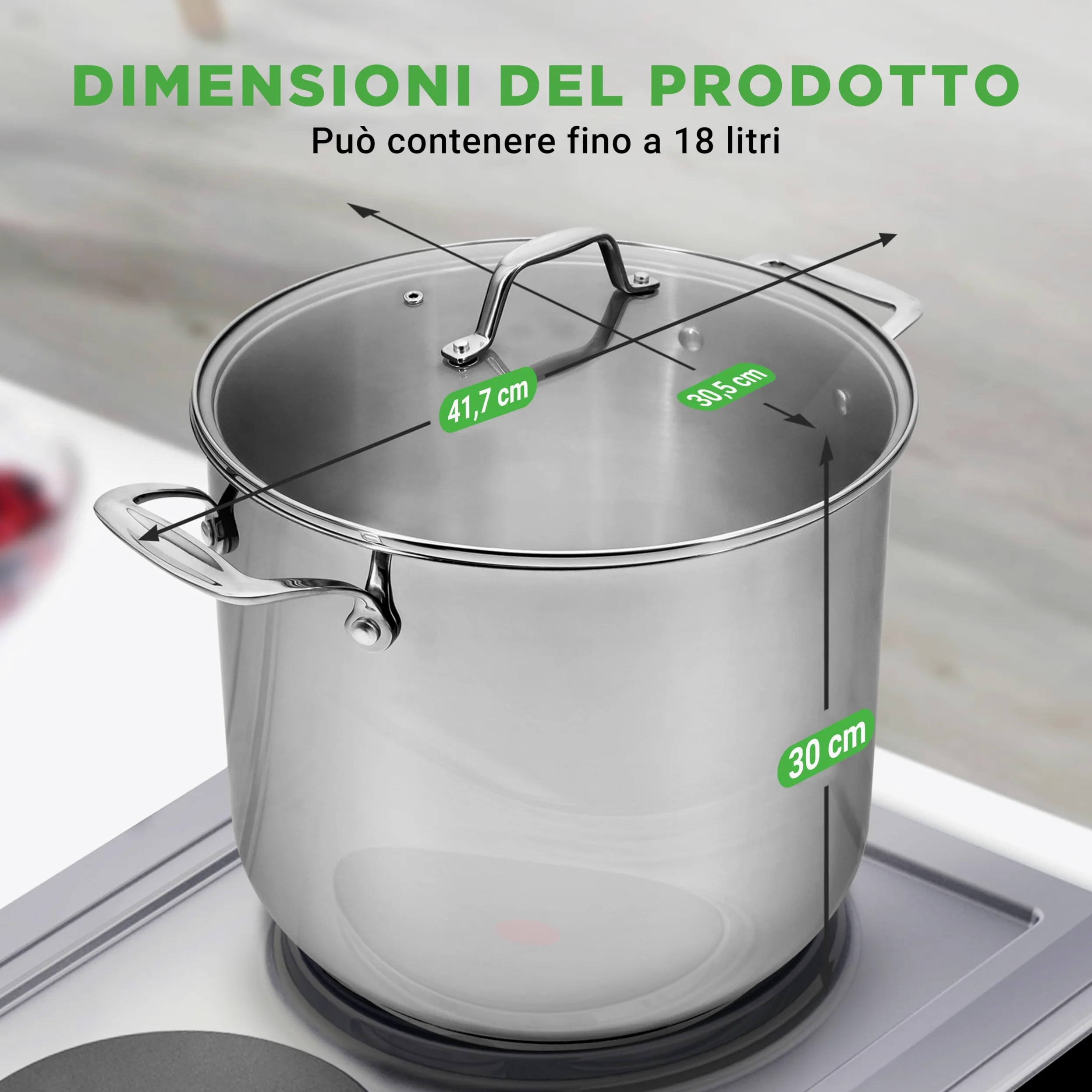 NutriChef Pentola in Acciaio Inox da 18 Litri, Grado Alimentare 18/8, Pesante, Adatta per Induzione, Ideale per Stufati, Cottura Lenta e Zuppe, con Coperchio Trasparente e Lavabile in Lavastoviglie