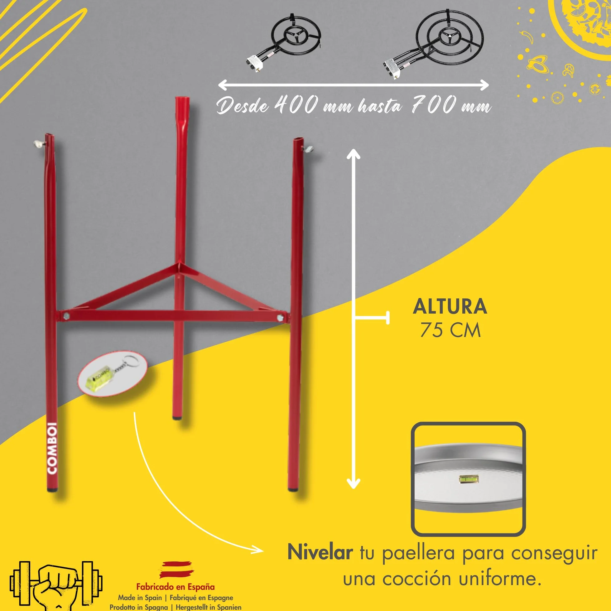 COMBOI Paellero gas butano 50 cm Kit bruciatore, paella 60 cm + paella 42 cm, supporto gambe rinforzate, livello, grembiule, ricettario digitale