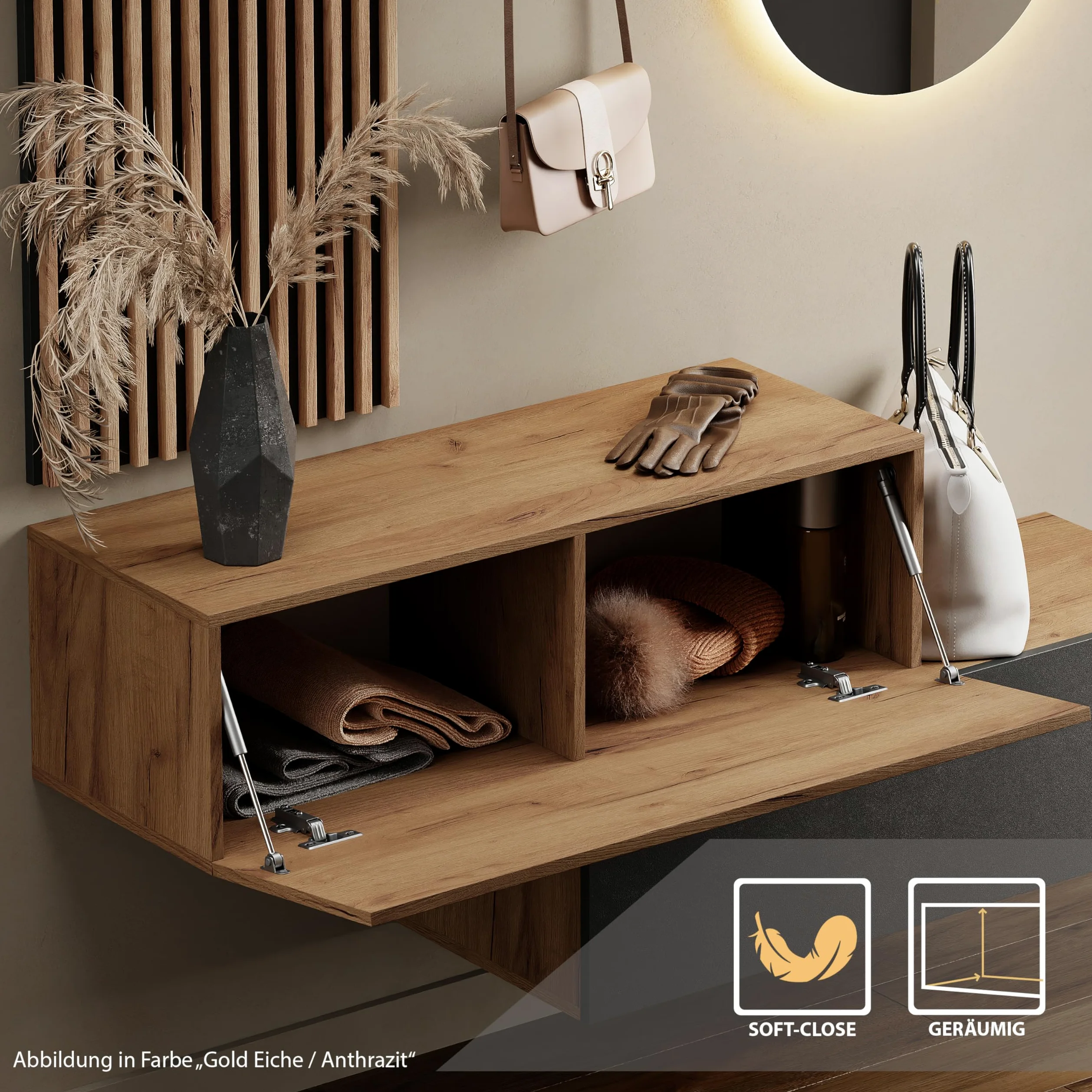 Planetmöbel - Mobile da ingresso, 2 x 100 cm, nero. pannello da parete 50 cm, rovere dorato/antracite, specchio da 50 cm (senza LED), 32,5 x 100 x 37,8 cm (A x L x P)