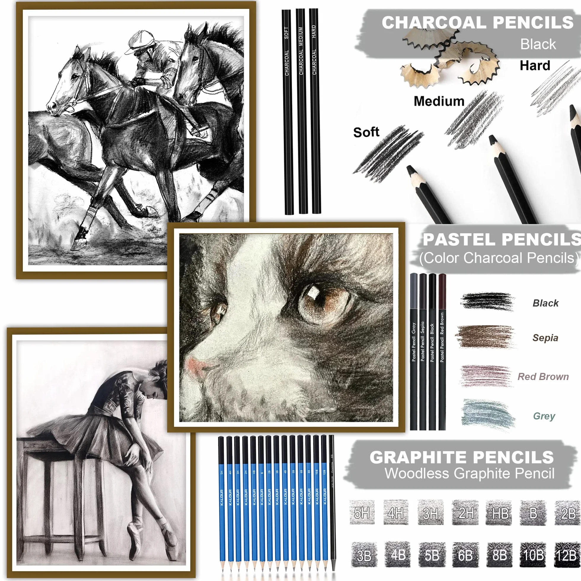 KALOUR Kit da Disegno e Schizzo 84 Pezzi, Forniture Professionali per Artisti con Blocco da Disegno, Comprende Tutorial, Matite Colorate, Grafite, Carbone, Acquerello, Metalliche e Pastello