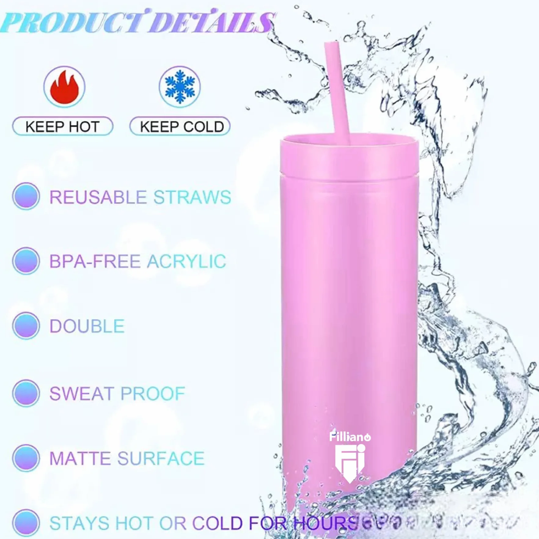 Bicchiere con cannuccia a doppia parete 473ml/16oz Tumbler in acrilico per bevande (Rosa)