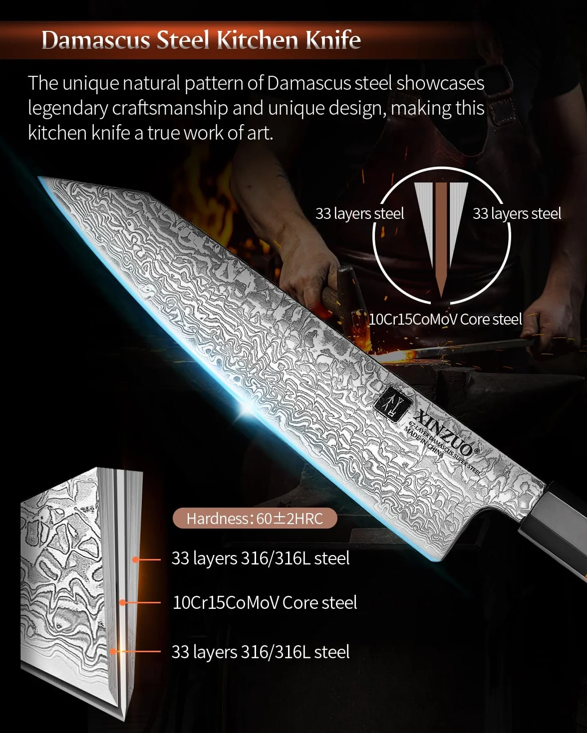 XINZUO Coltello da Cuoco Kiritsuke 21,5cm Acciaio Damasco Stile Giapponese Forgiato a Mano
