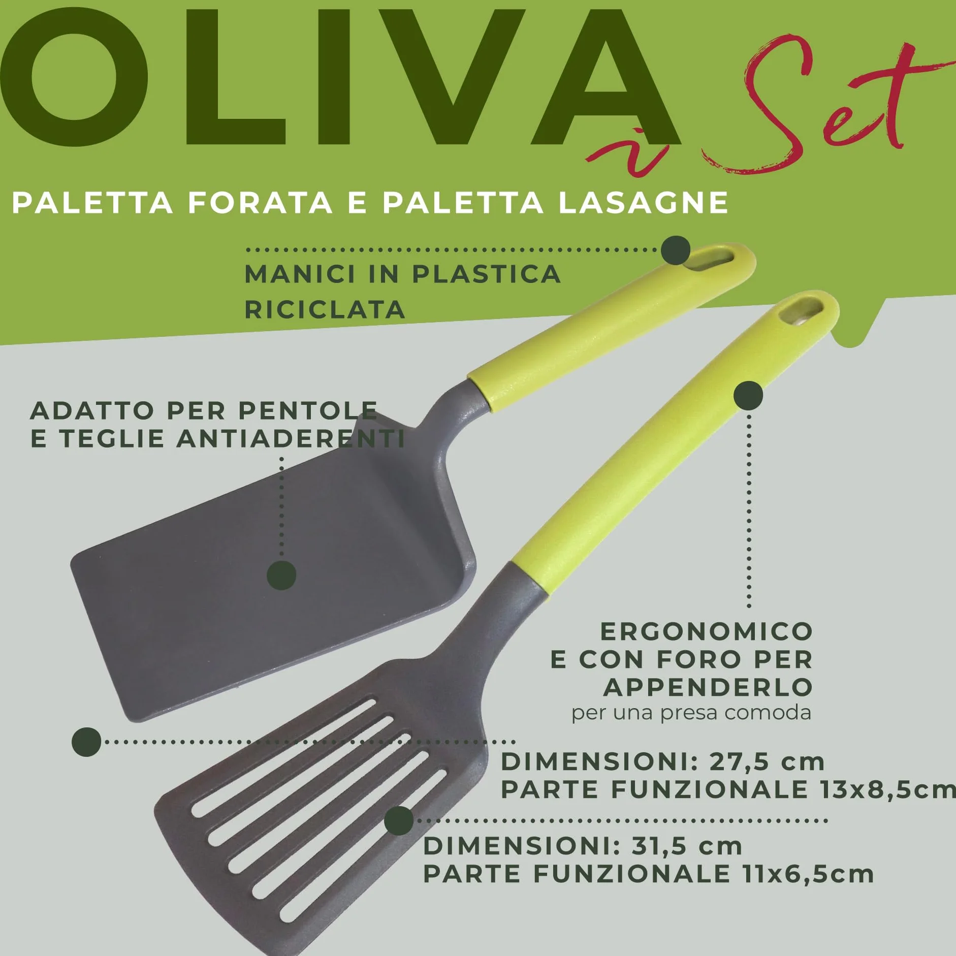 Fackelmann Set Palette da cucina 2 pezzi, paletta forata e lasagne, nylon, lavabili in lavastoviglie, Linea Oliva