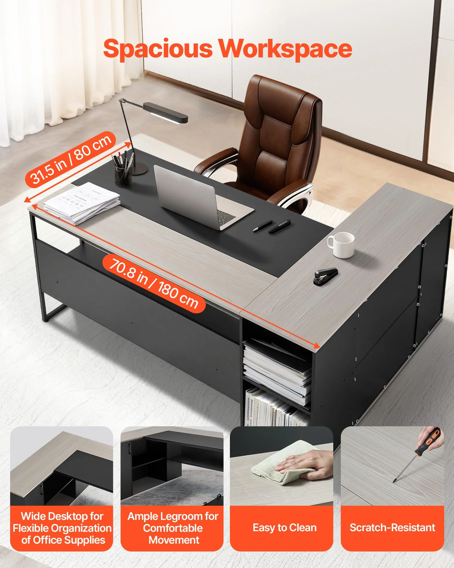 VEVOR Scrivania Direzionale a L, Ampia Scrivania in Legno Moderna per Ufficio con Cassetti, Mobiletto Portaoggetti e Supporto per CPU, Capacità di Carico di 158,7 kg, per Computer per Lavoro, Studio