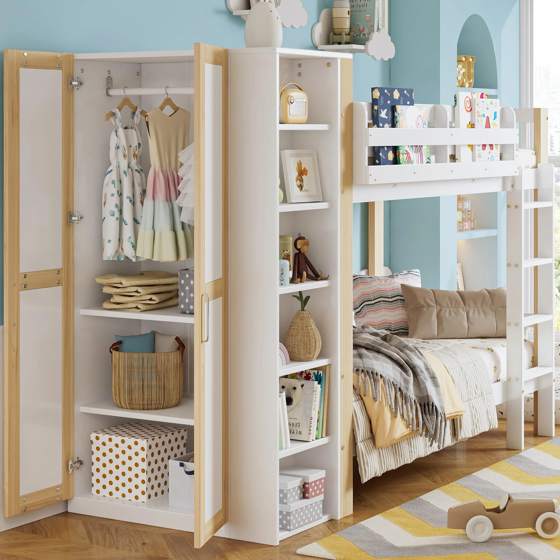 Idemon Letto a castello, Lettino per bambini con protezione laterale e griglia, con scala a 4 livelli, 6 ripiani aperti, armadio laterale, ampio spazio di archiviazione, pino+PB, bianco+naturale