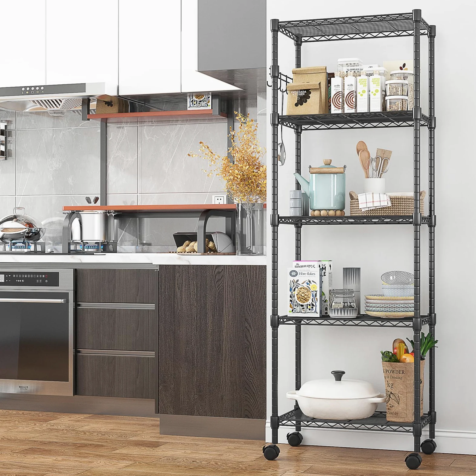 Himimi Scaffali in Metallo a 5 Ripiani con Ruote, Regolabile in Altezza Scaffalatura per Riporre Oggetti Pesanti,Organizzatore per Garage, Cucina, Soggiorno,59cmW * 35cmD* 183cmH Nero.
