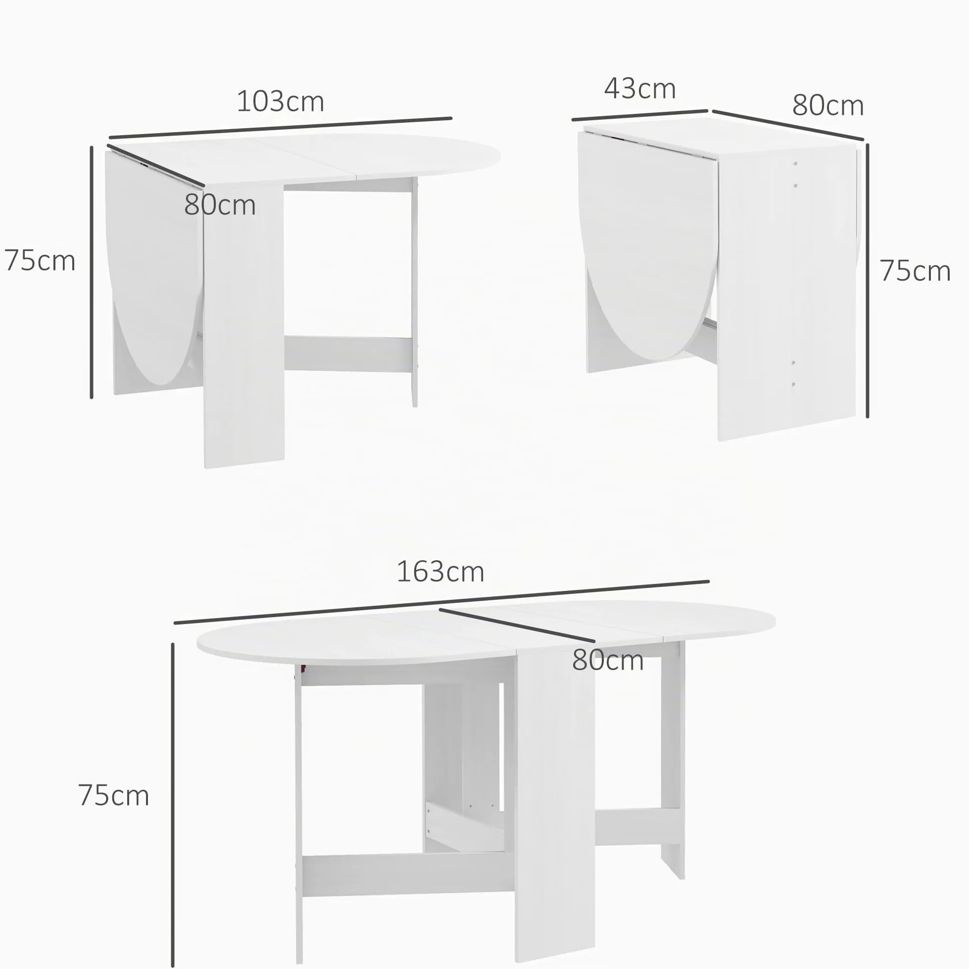 HOMCOM Tavolo da Pranzo Pieghevole, 163x80 cm Scrivania Richiudibile Salvaspazio con 2 Ribalte Ovale per 6 Persone, Tavolo Cucina a Ribalta, Ideale per Soggiorno, Casa, Ufficio, Bianco