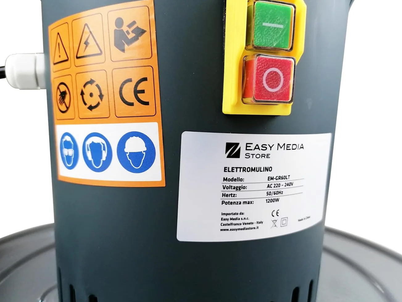 Easy Media Elettromulino EM-GR60LT mulino elettrico per cereali, motore 1,6 hp, 1300 W, Macina fino a 400 kg/h, Capienza 60 L