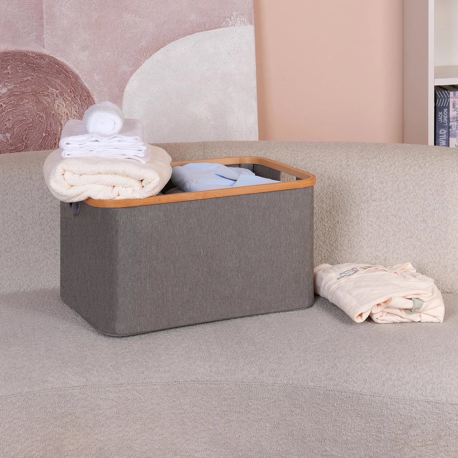 efluky Cesto Portabiancheria Pieghevole in Tessuto di Bambù 60L, Cesto Portaoggetti Versatile, Cesti Portabiancheria Sporco per Lavanderia e Camera da Letto Bagno (Grigio)