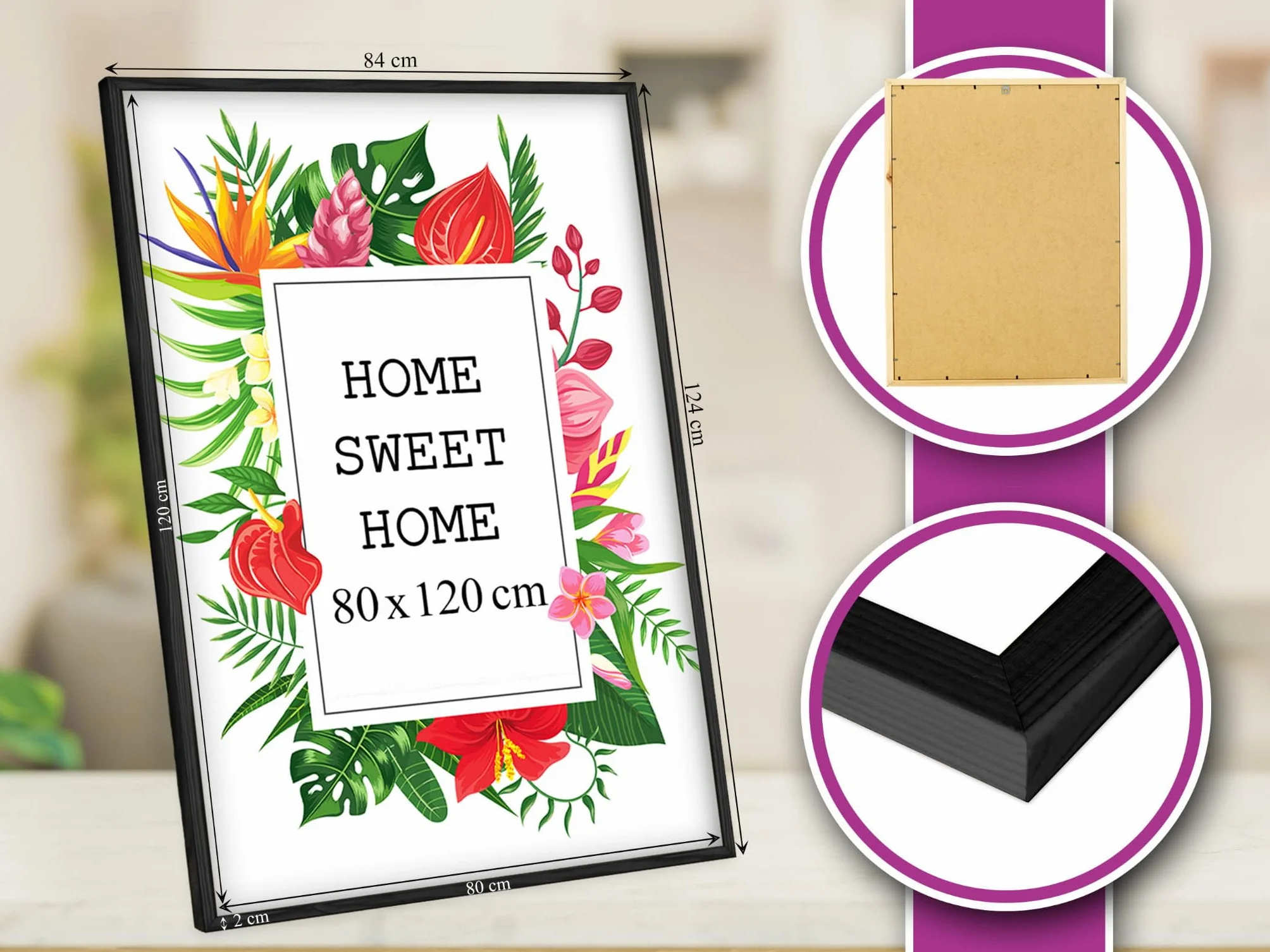 MG Design Cornice 80x120 cm Nero Legno Vetro Acrilico Verticale Orizzontale Senza Sfondo Per Foto Poster Puzzle