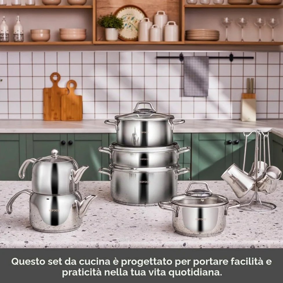 Karaca Belgrado - Set di 15 padelle per matrimonio, in acciaio inox, teiera, set di pentole