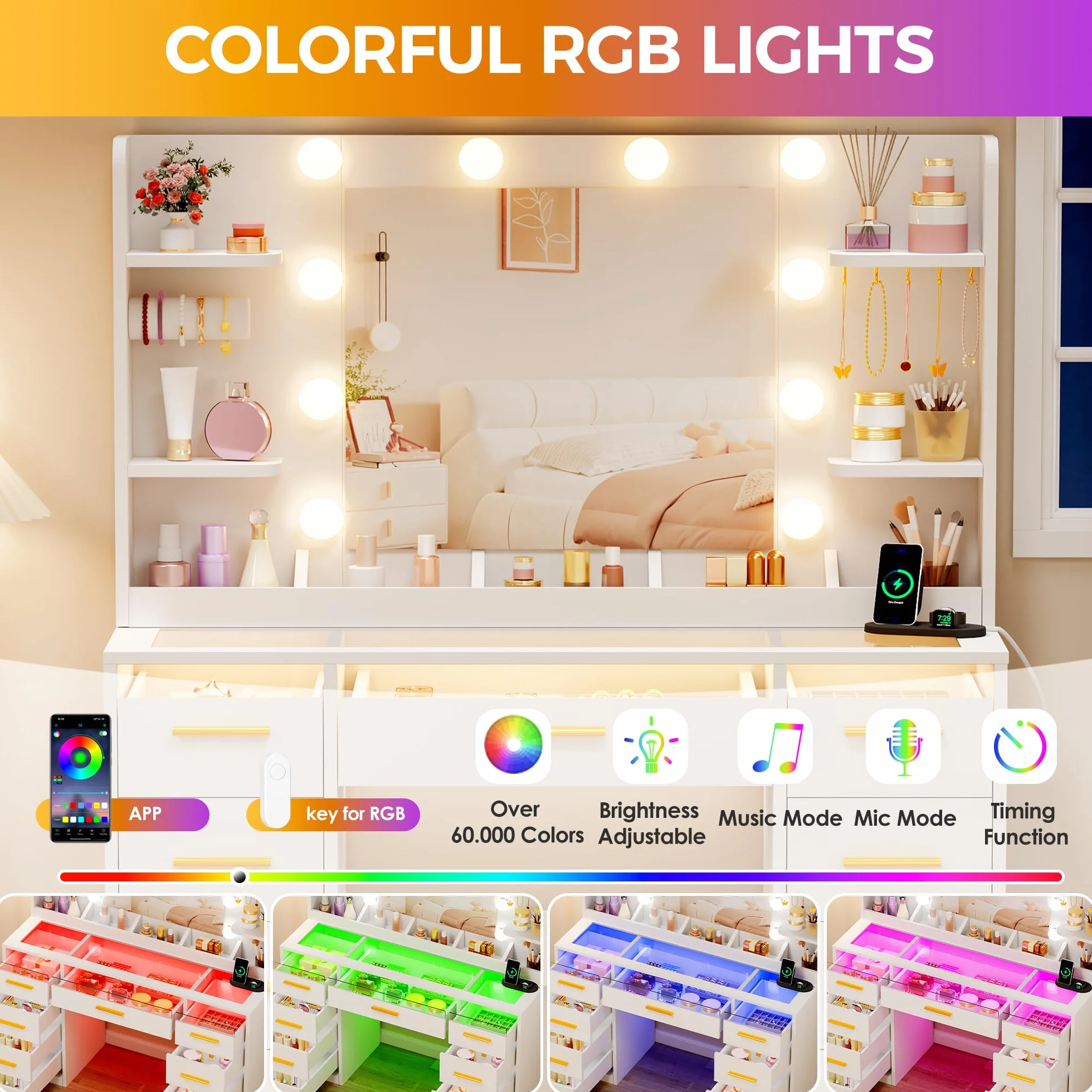 ANWBROAD Grande Toeletta da Trucco con Specchio e Luci RGB, Piano in Vetro | Luminosità Regolabile, Postazione Trucco con Prese 9 Cassetti RGB e 9 Ripiani Aperti Moderno Toletta Trucco Bianco BDT95W