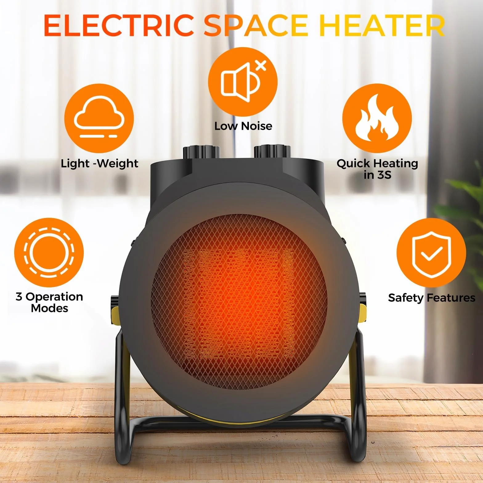 Riscaldatori per ambienti interni, riscaldamento elettrico PTC 1500W con angolo regolabile di 90°, riscaldamento rapido di sicurezza, piccolo riscaldatore portatile per ufficio e casa (giallo)