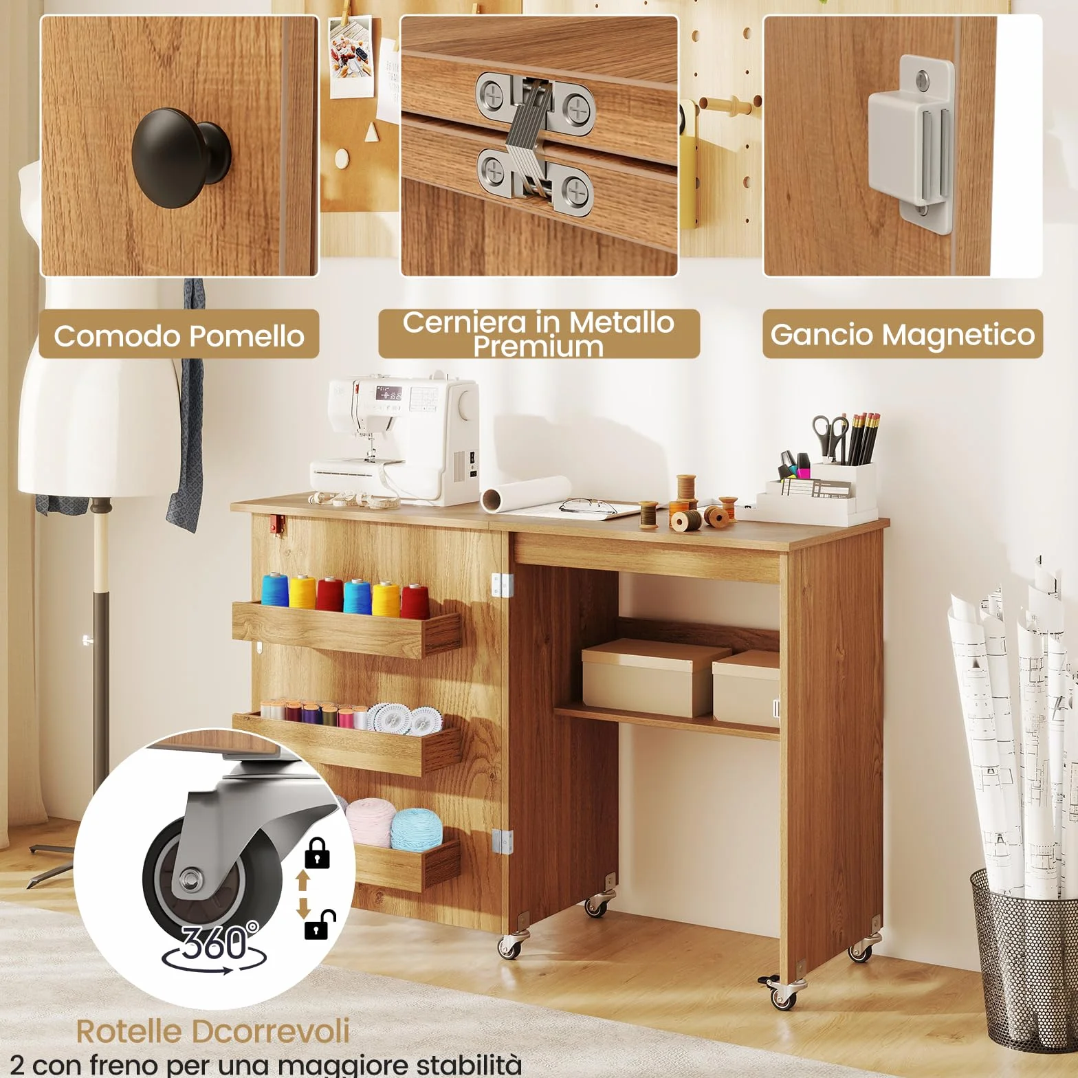 COSTWAY Tavolo da Cucito Pieghevole, Mobile per Macchina da Cucire con Ripiano Portaoggetti, 3 Scomparti Nascosti e Ruote Bloccabili, Mobile Multiuso per Piccoli Spazi (Legno, 118,5 x 40 x 79,5 cm)