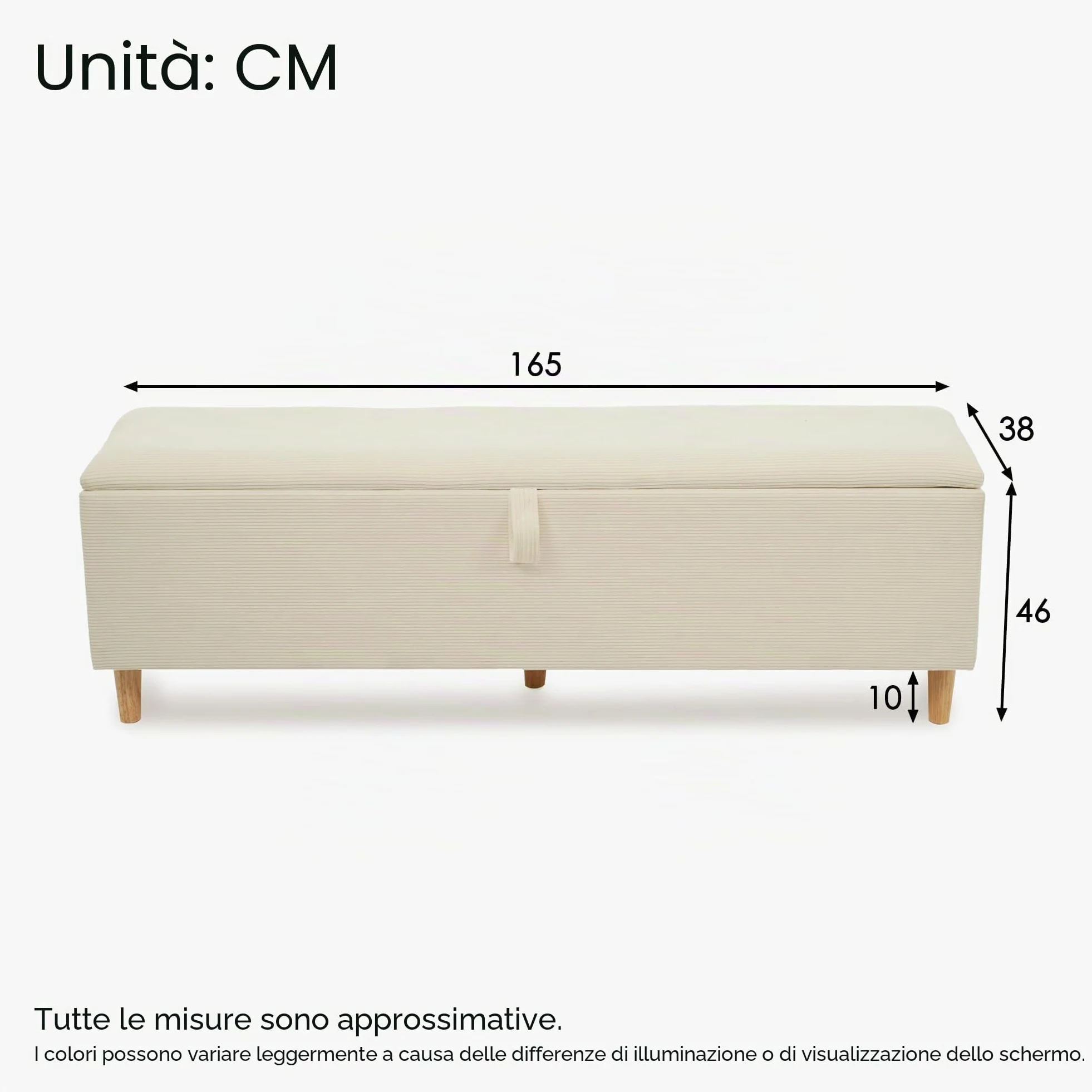TIZZ Panca da letto 165 x 38 cm con spazio di archiviazione, panca imbottita con vano portaoggetti idraulico, adatta per camera da letto, soggiorno, corridoio, effetto cord beige