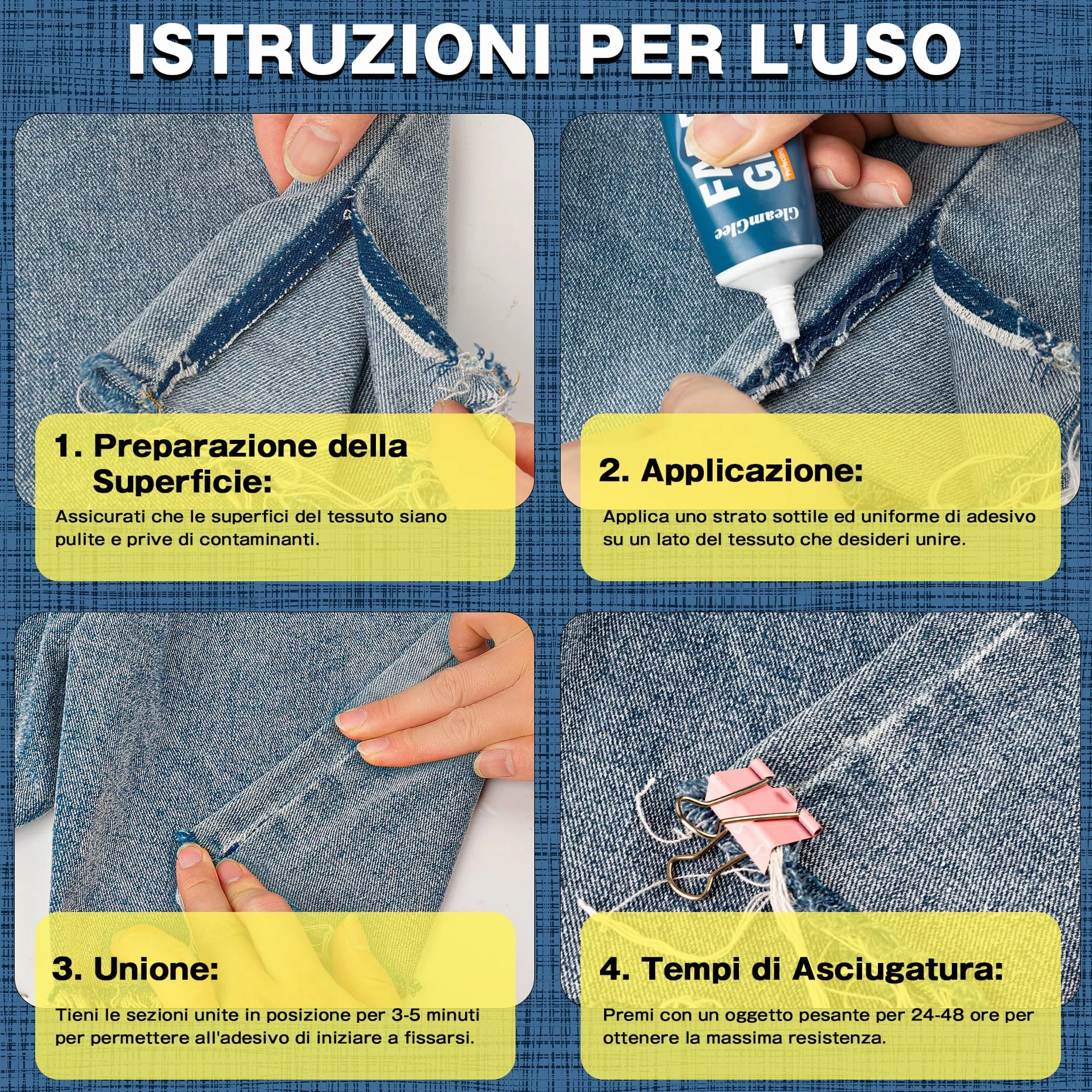 Colla per Tessuti 100 ml, Adesivo Tessile Extra Forte Permanente, Trasparente, Confezione da 2